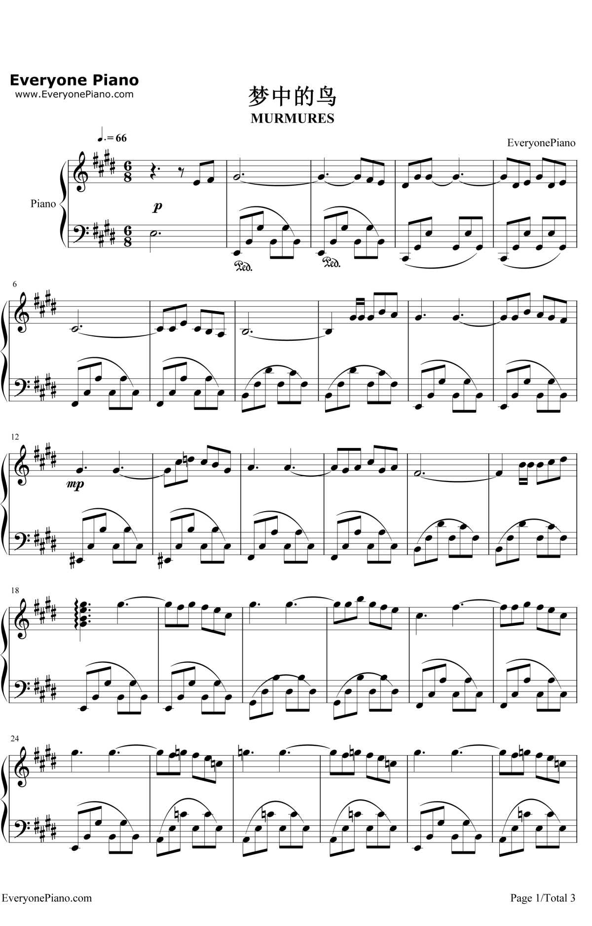 梦中的鸟钢琴谱-理查德·克莱德曼-钢琴独奏五线谱