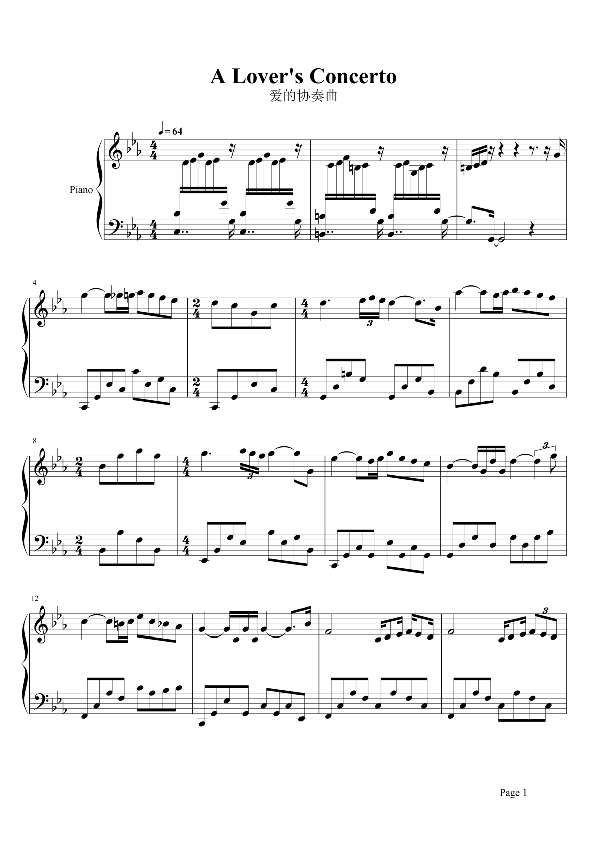 爱的协奏曲钢琴谱-理查德克莱德曼-钢琴独奏谱 爱的协奏曲钢琴谱-理查德克莱德曼-钢琴独奏谱