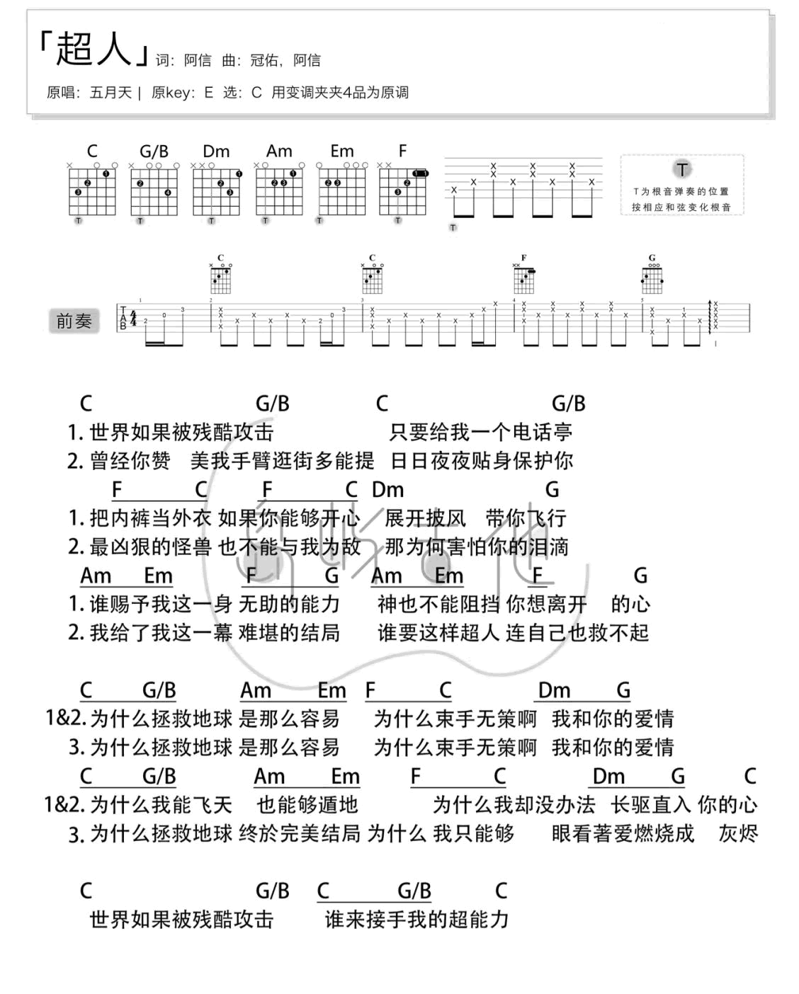 超人吉他谱C调-阿信《超人》完整原版六线谱 超人吉他谱C调-阿信《超人》完整原版六线谱