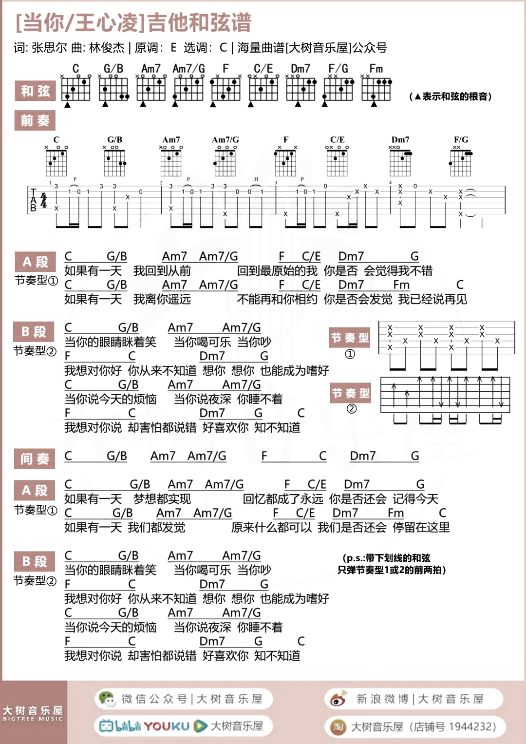当你吉他谱C调-林俊杰《当你》完美原版六线谱 当你吉他谱C调-林俊杰《当你》完美原版六线谱