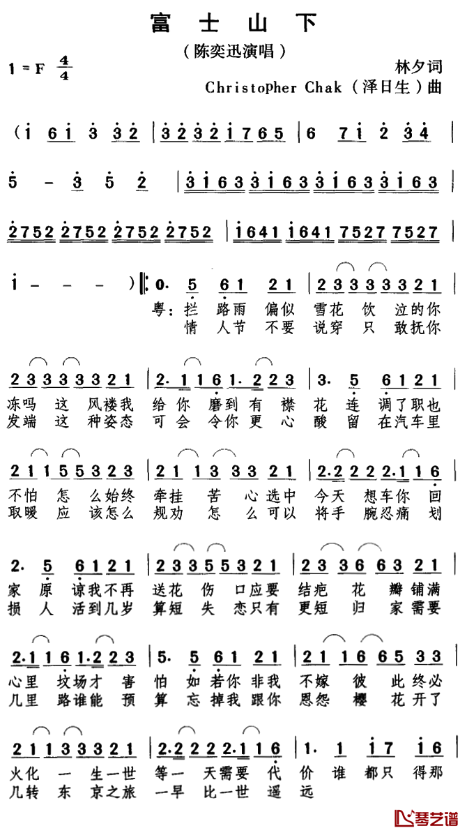 富士山下简谱-陈奕迅-F调歌曲简谱 富士山下简谱-陈奕迅-F调歌曲简谱