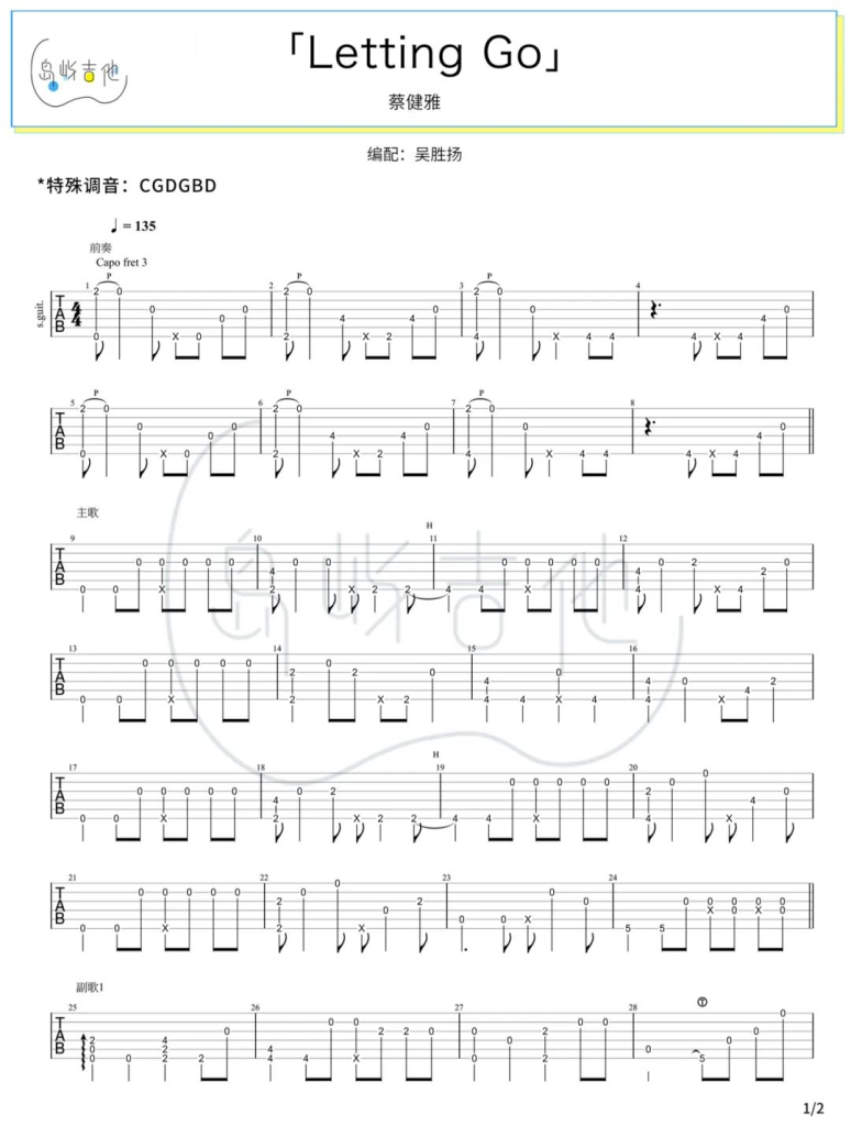 蔡健雅《Letting go吉他谱》简单指弹版 蔡健雅《Letting go吉他谱》简单指弹版