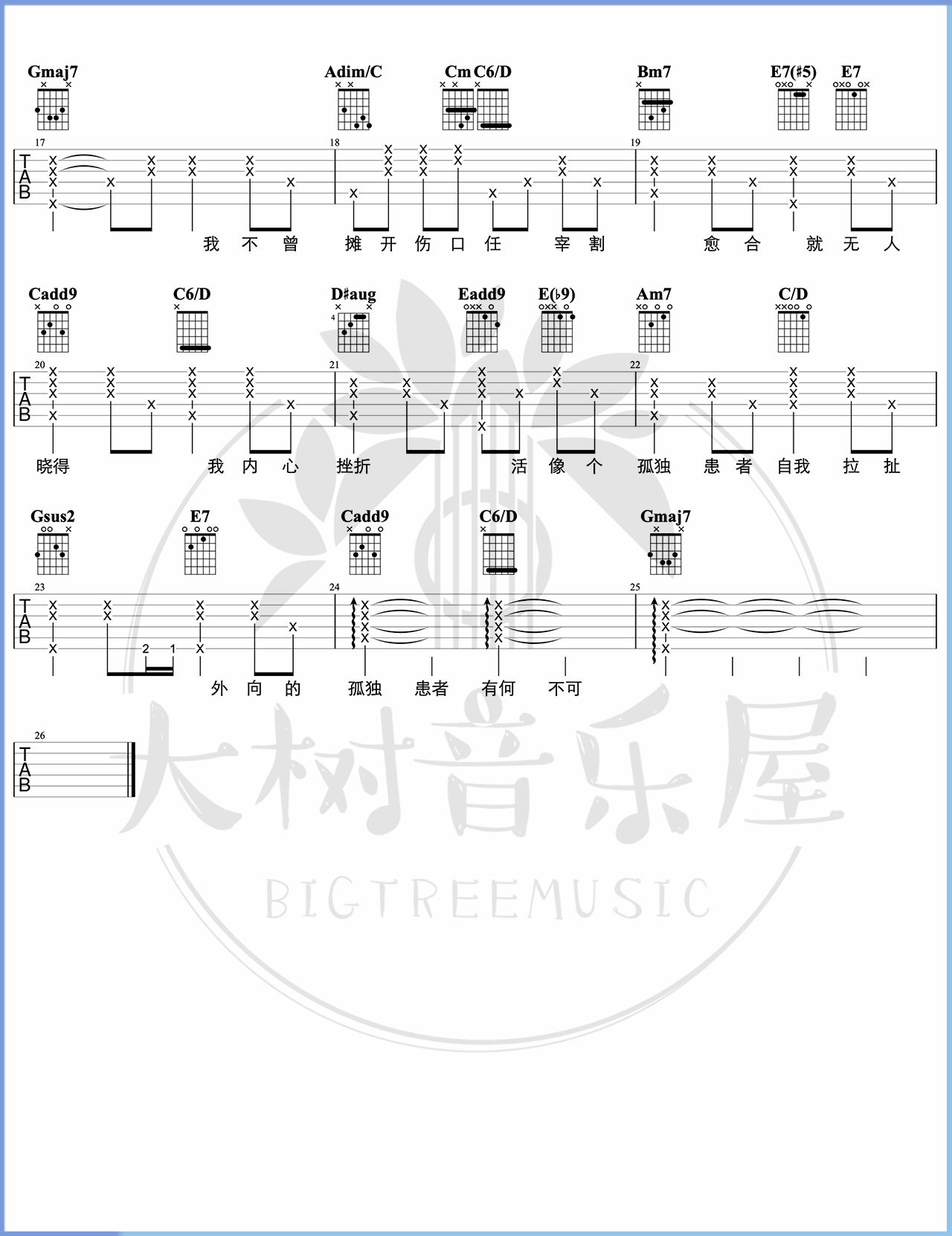 陈奕迅《孤独患者吉他谱》G调原版伴奏谱 陈奕迅《孤独患者吉他谱》G调原版伴奏谱