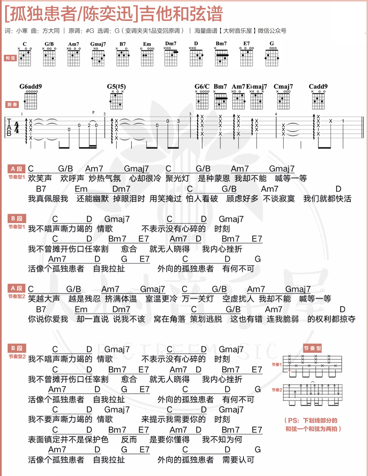 陈奕迅《孤独患者吉他谱》G调原版伴奏谱 陈奕迅《孤独患者吉他谱》G调原版伴奏谱