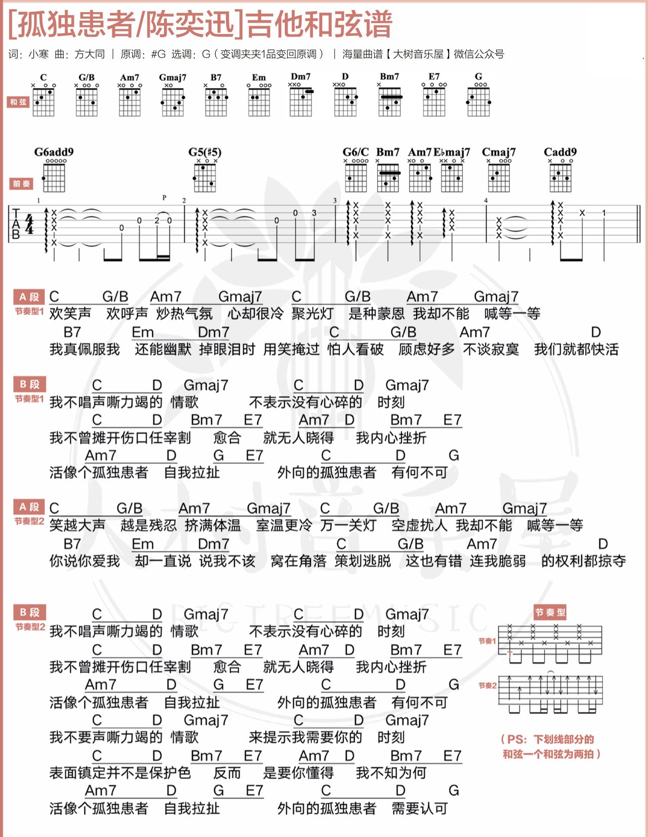 陈奕迅 《孤独患者》吉他谱G调吉他弹唱谱 | 小叶歌吉他