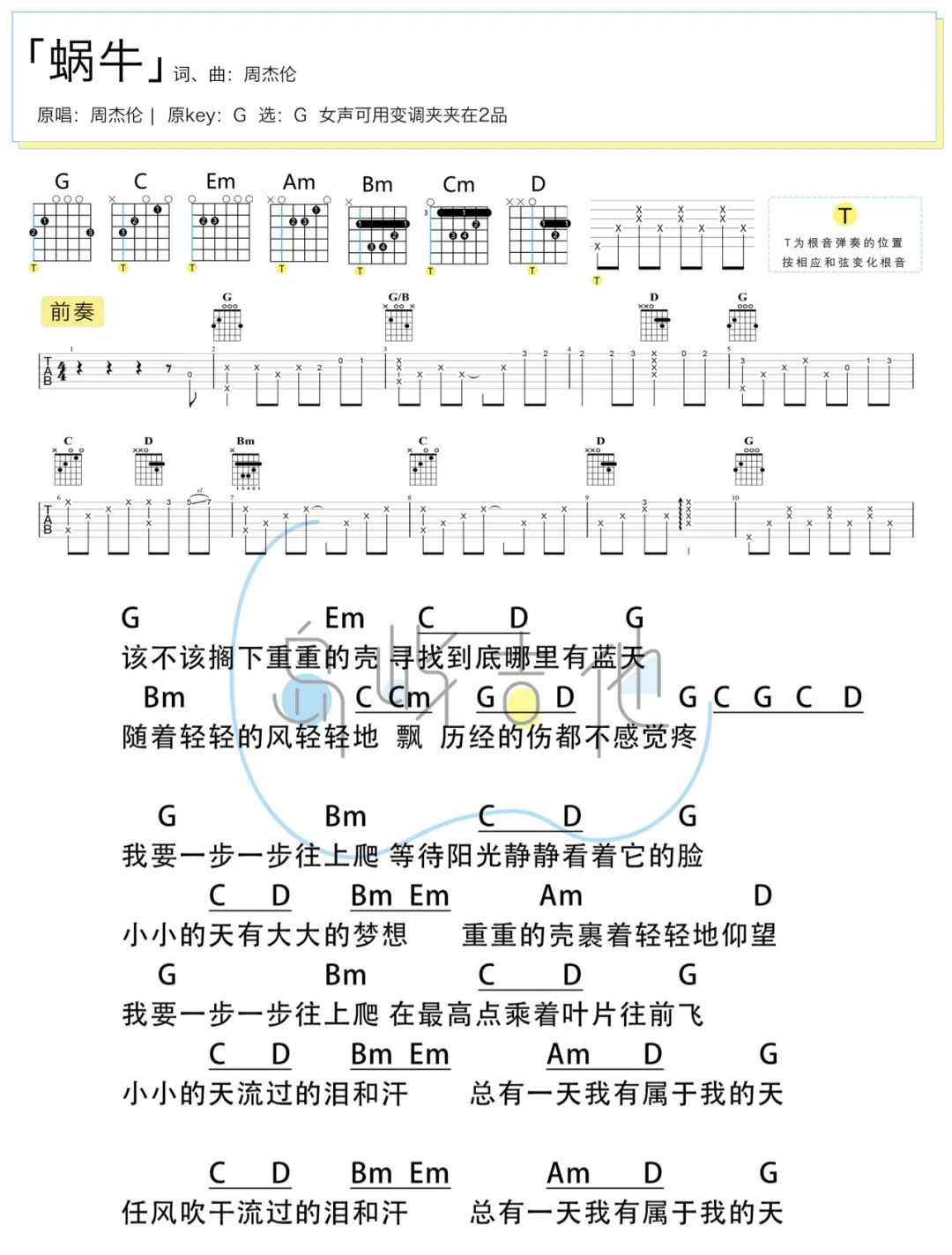 蜗牛吉他谱_周杰伦_G调弹唱65%专辑版 - 吉他世界