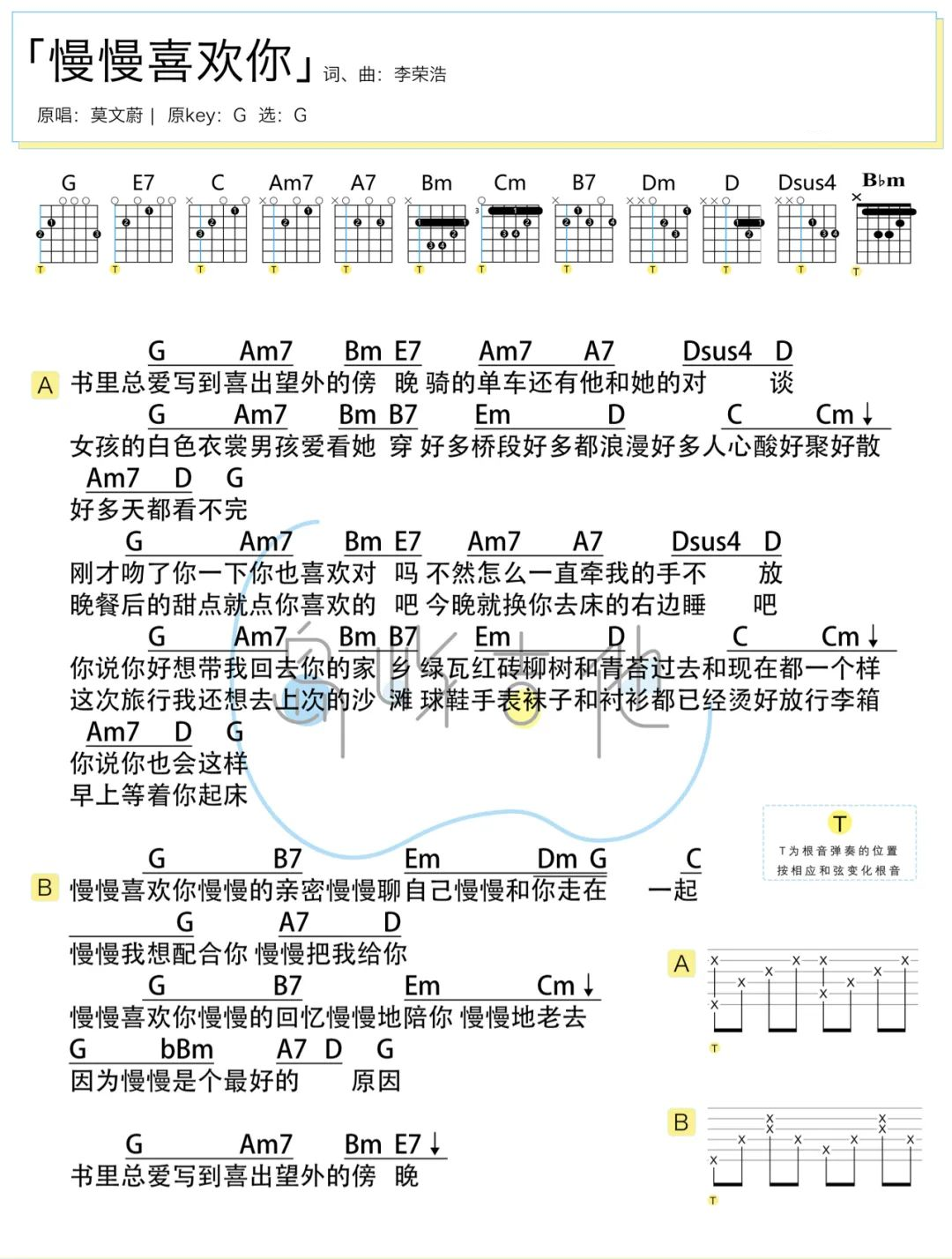 慢慢喜欢你吉他谱 莫文蔚 G调 视频教程弹唱谱 附视频演示-吉他谱中国