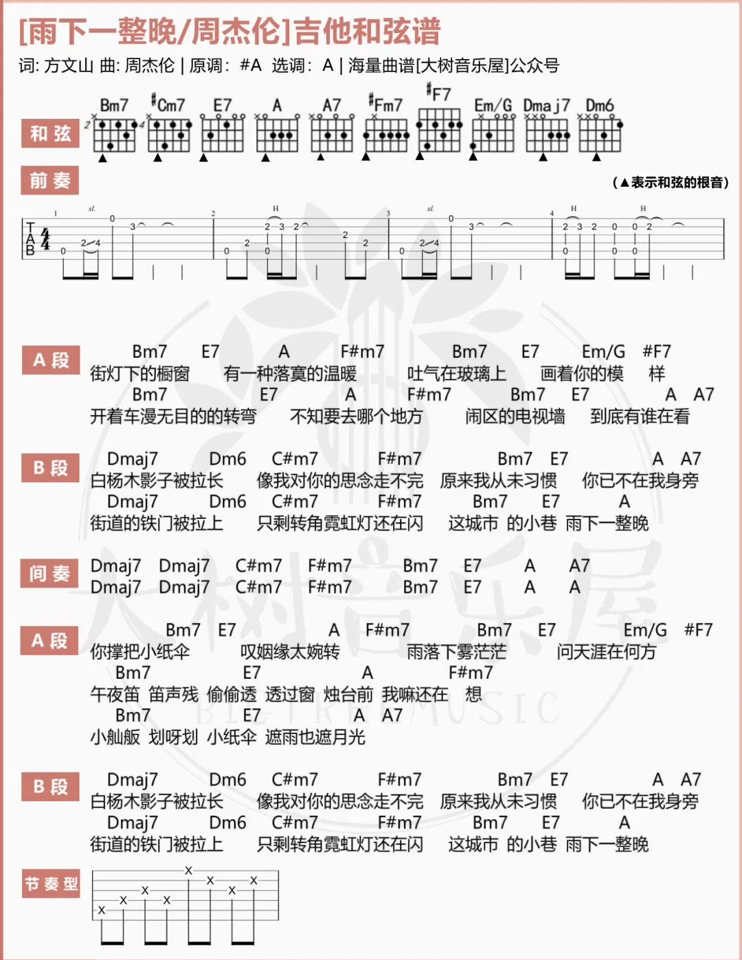 周杰伦《雨下一整晚吉他谱》A调原版六线谱 周杰伦《雨下一整晚吉他谱》A调原版六线谱