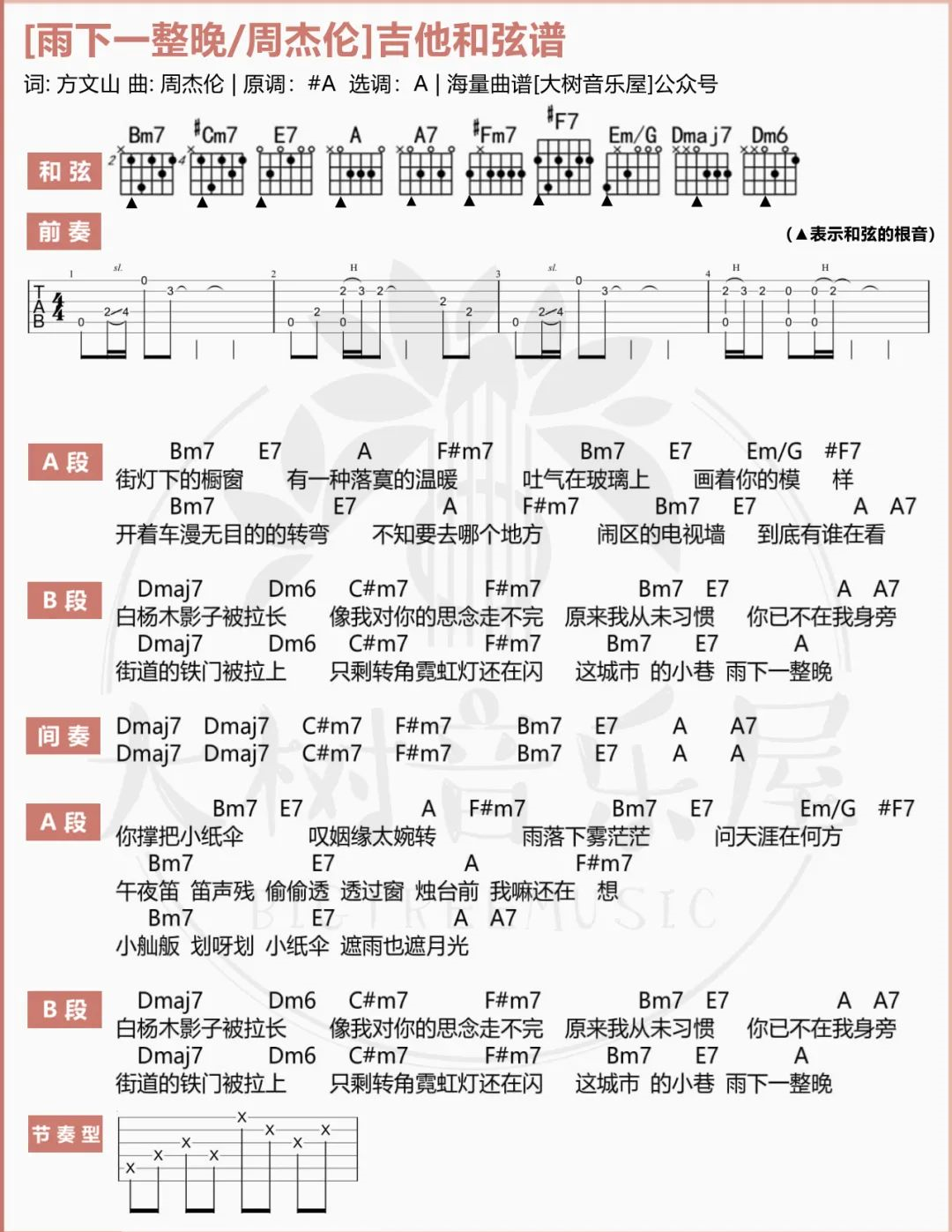 雨下一整晚吉他谱 - 周杰伦 - A调吉他弹唱谱 - 琴谱网