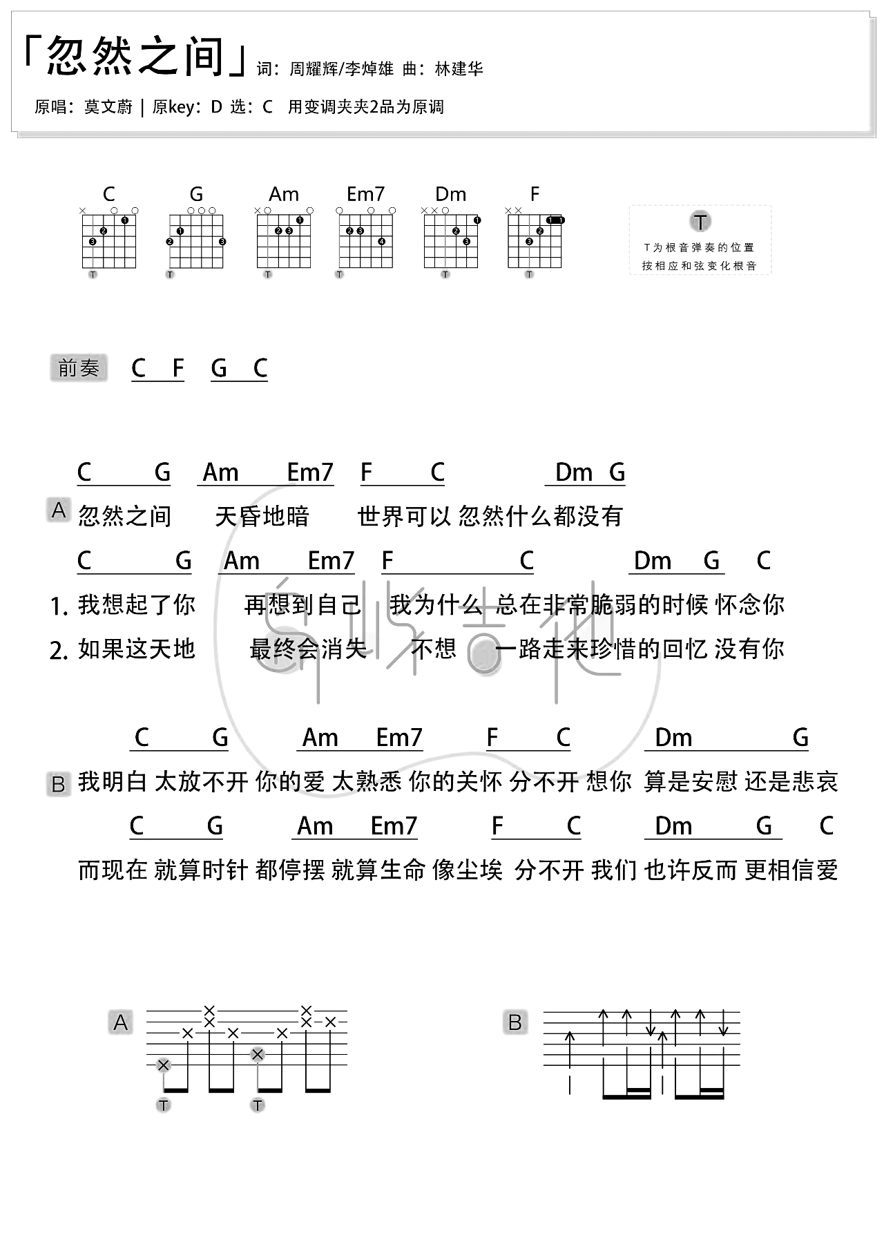 莫文蔚《忽然之间吉他谱》A调简单版 莫文蔚《忽然之间吉他谱》A调简单版