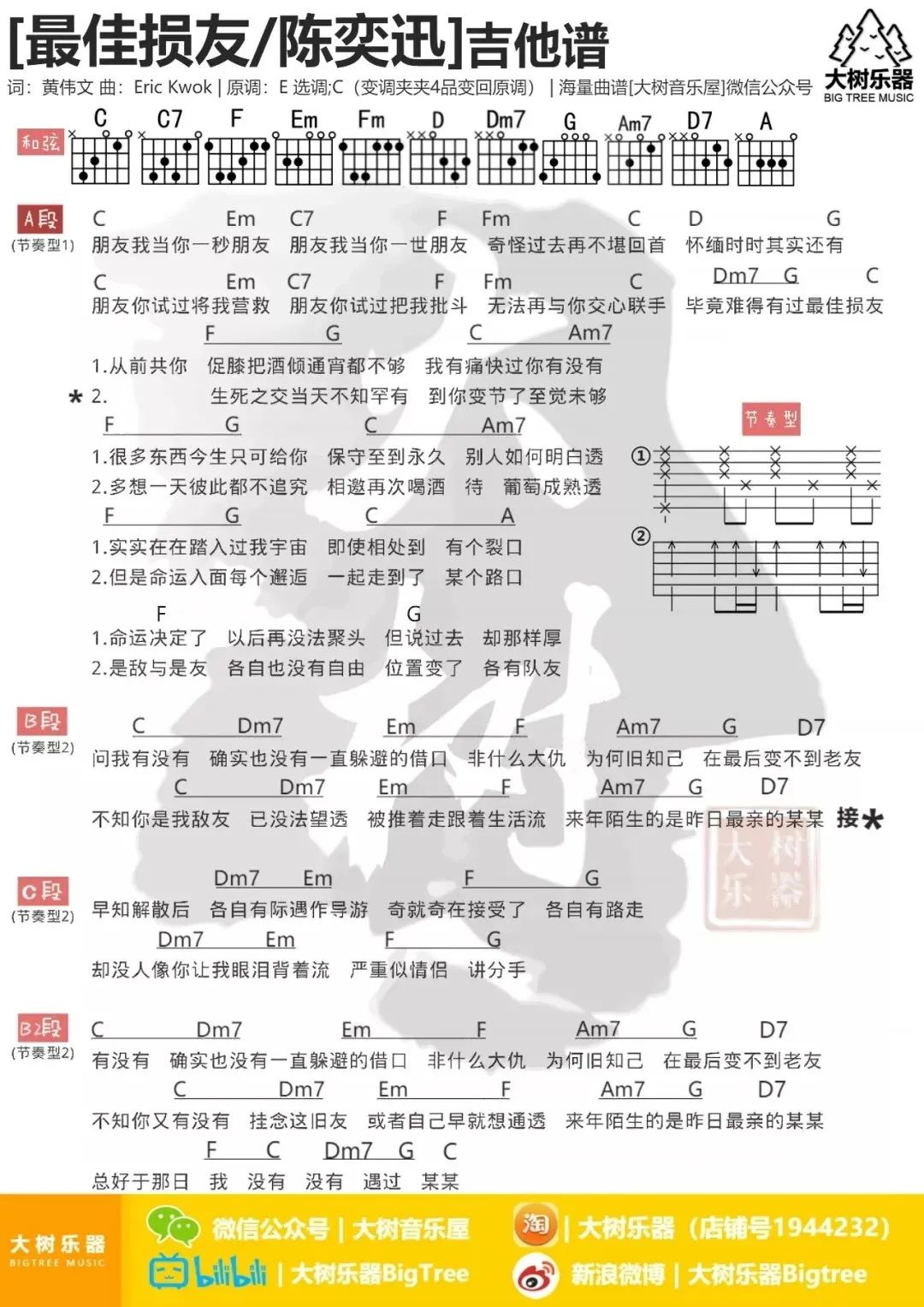 陈奕迅《最佳损友吉他谱》D调标准原版 陈奕迅《最佳损友吉他谱》D调标准原版