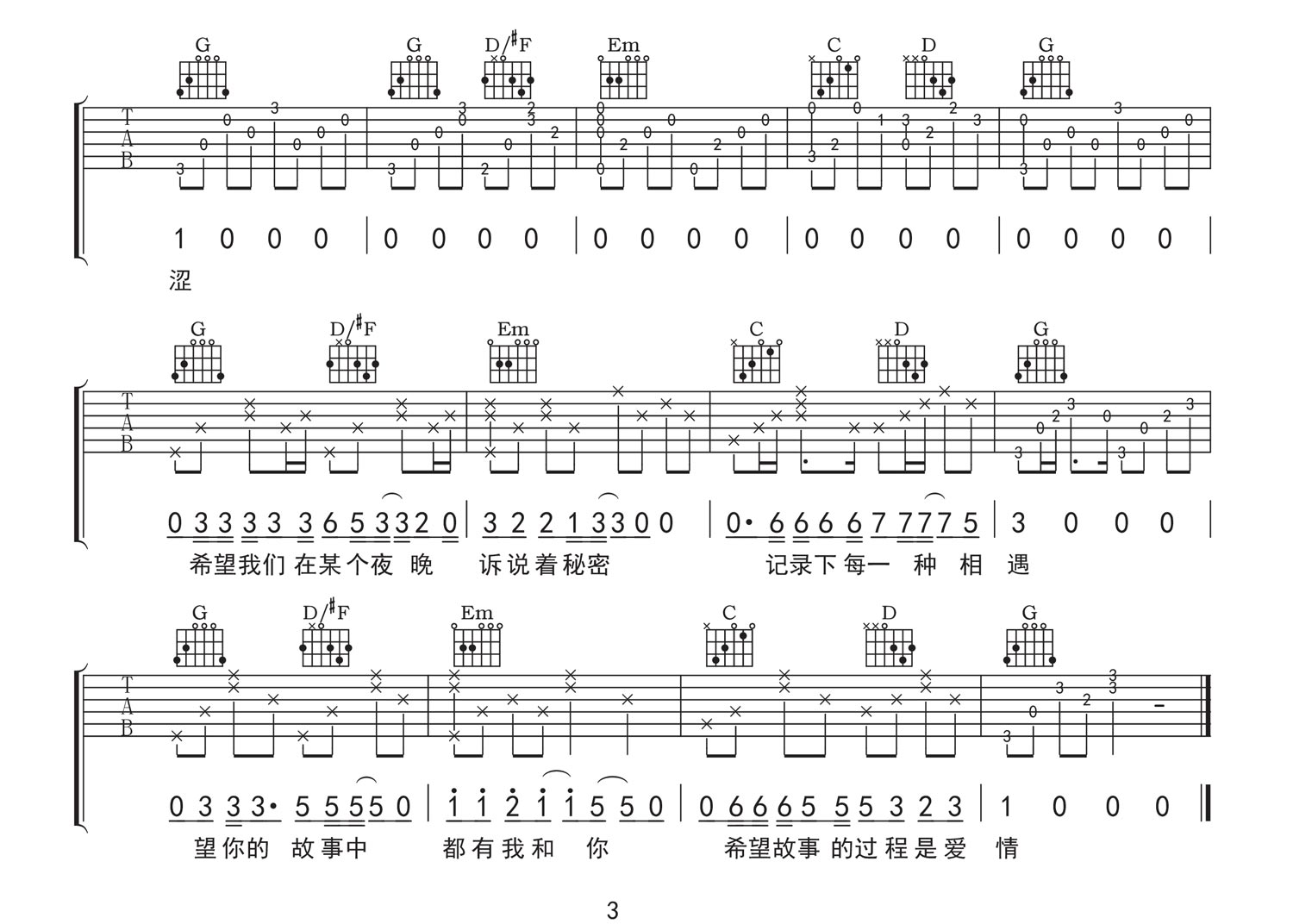 HHW《凌晨三点吉他谱》G调原版