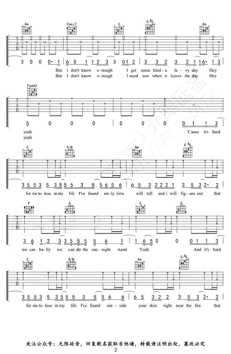 Daniel Powter《Free loop吉他谱》C调原版