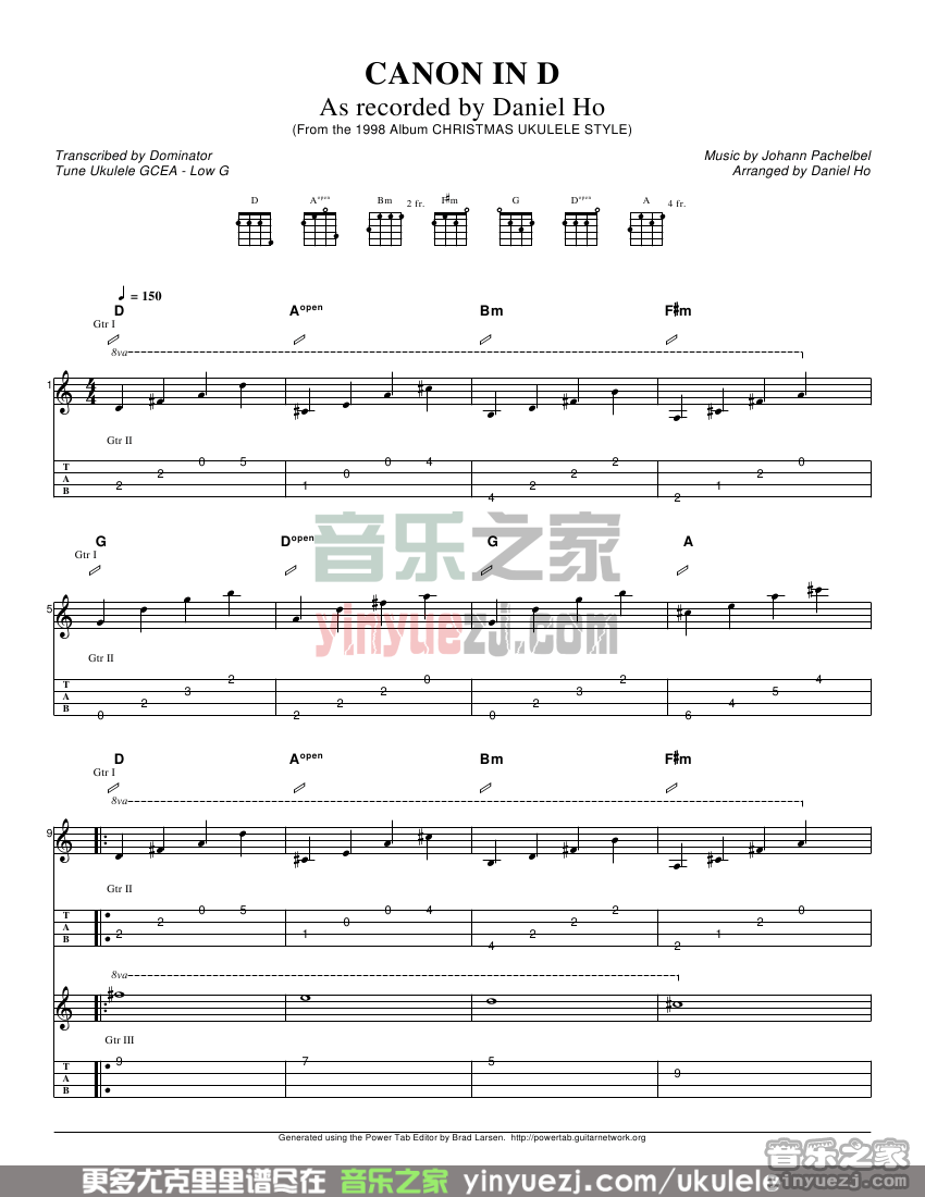 Canon In D尤克里里指弹谱-Pachelbel-单音四线谱 Canon In D尤克里里指弹谱-Pachelbel-单音四线谱