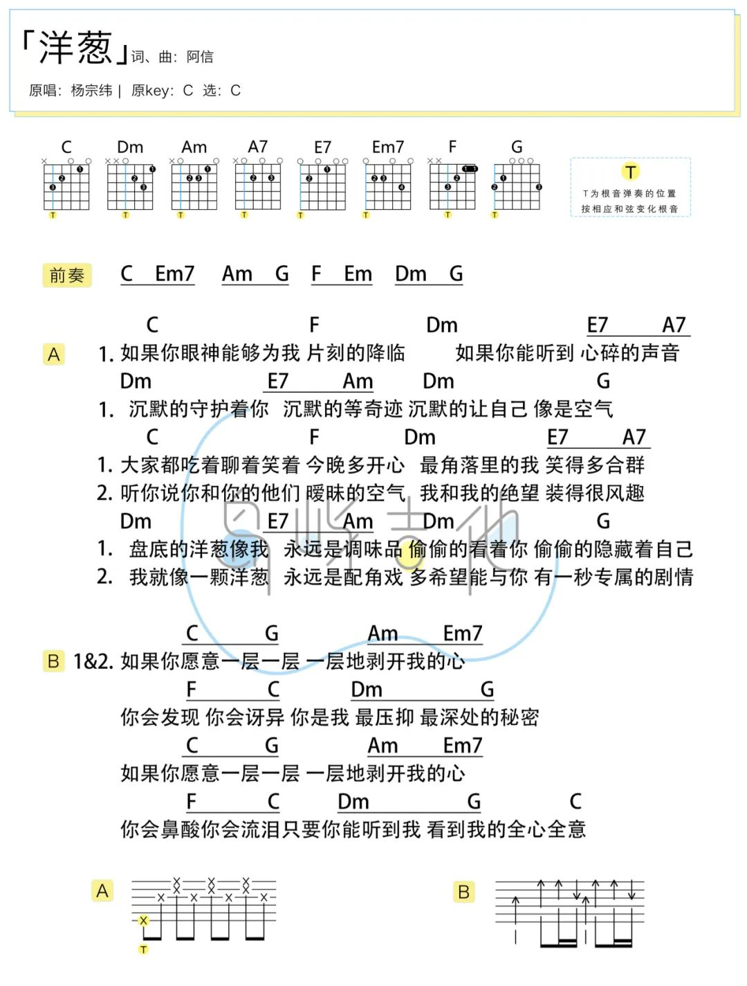 洋葱吉他谱-杨宗纬《洋葱》C调简版弹唱六线谱 洋葱吉他谱-杨宗纬《洋葱》C调简版弹唱六线谱
