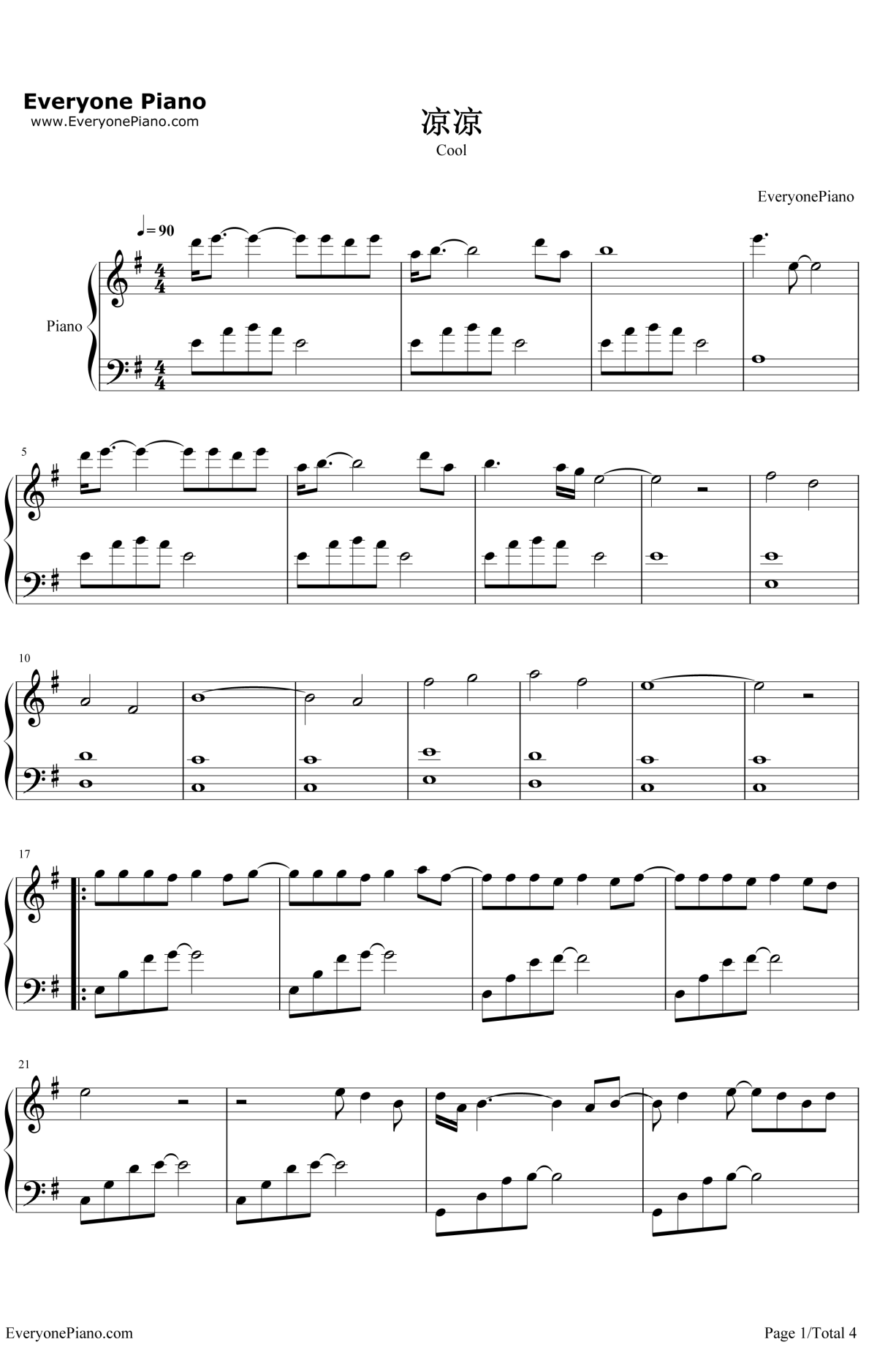 凉凉钢琴谱-杨宗纬/张碧晨-钢琴独奏五线谱 凉凉钢琴谱-杨宗纬/张碧晨-钢琴独奏五线谱