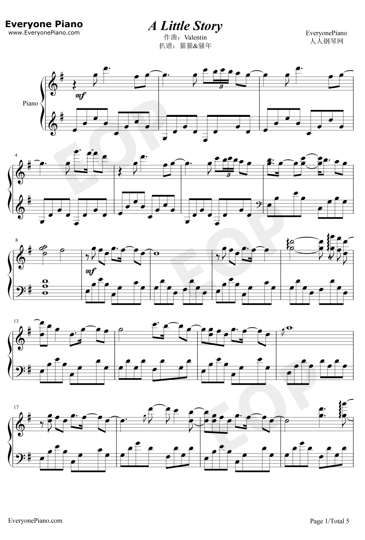 A Little Story钢琴谱-Valentin-钢琴独奏五线谱 A Little Story钢琴谱-Valentin-钢琴独奏五线谱