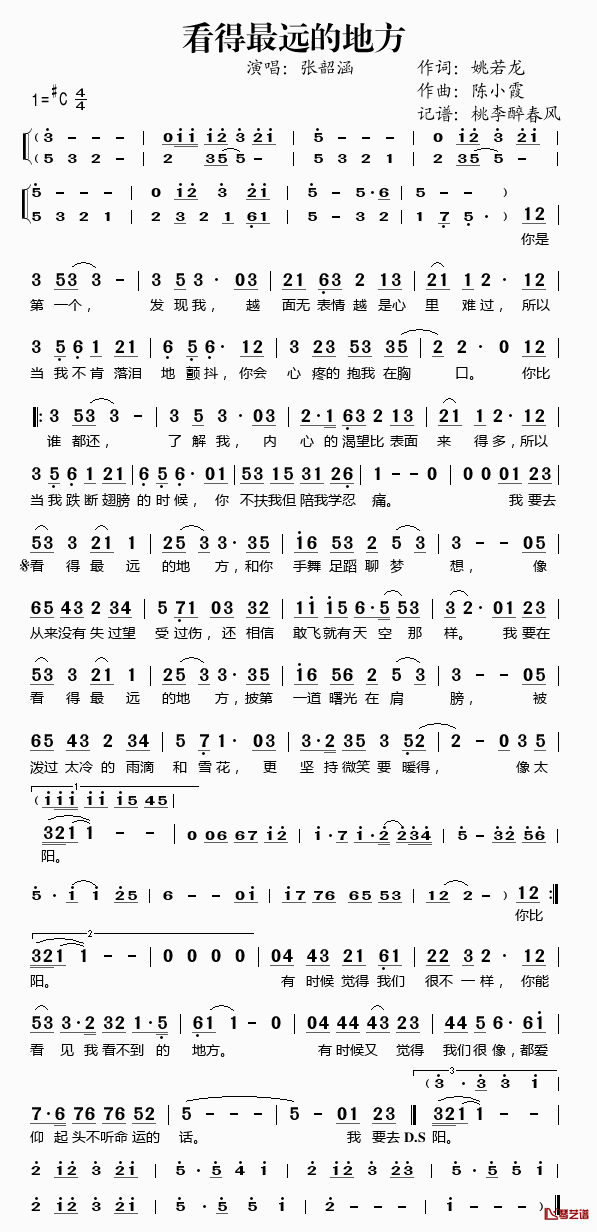 看得最远的地方简谱(歌词)-张韶涵-C调歌曲简谱 看得最远的地方简谱(歌词)-张韶涵-C调歌曲简谱