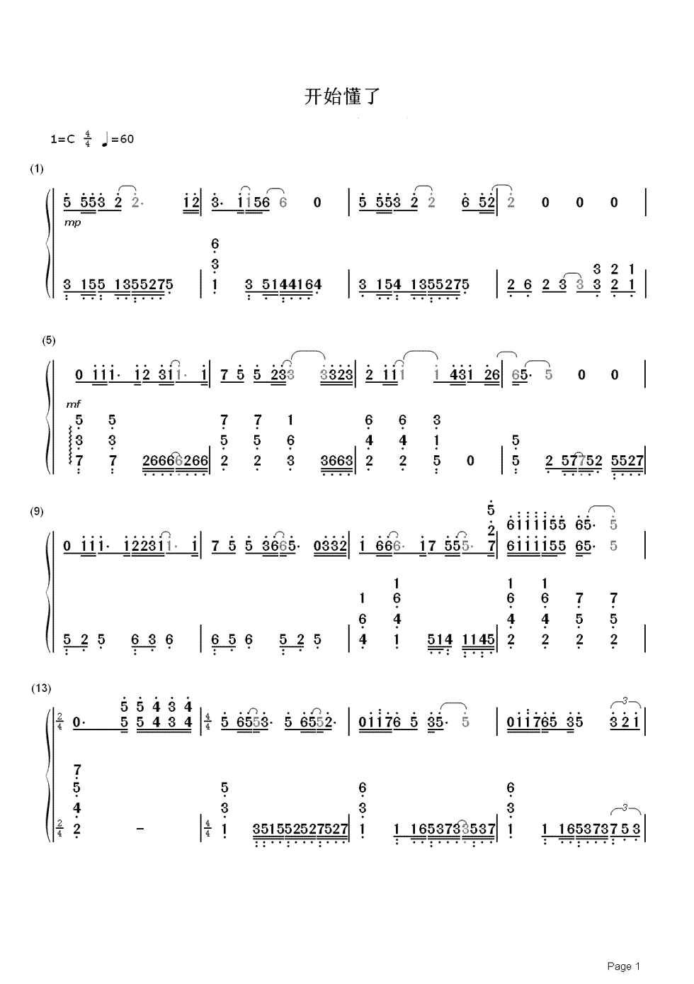 开始懂了简谱(歌词)-孙燕姿-C调歌曲简谱 开始懂了简谱(歌词)-孙燕姿-C调歌曲简谱