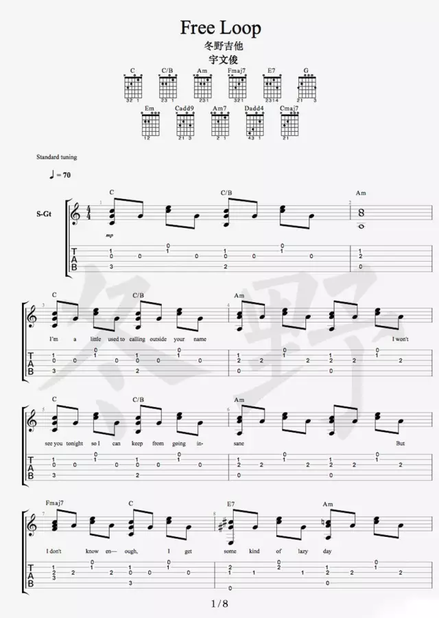 Daniel Powter《Free loop吉他谱》指弹版 Daniel Powter《Free loop吉他谱》指弹版