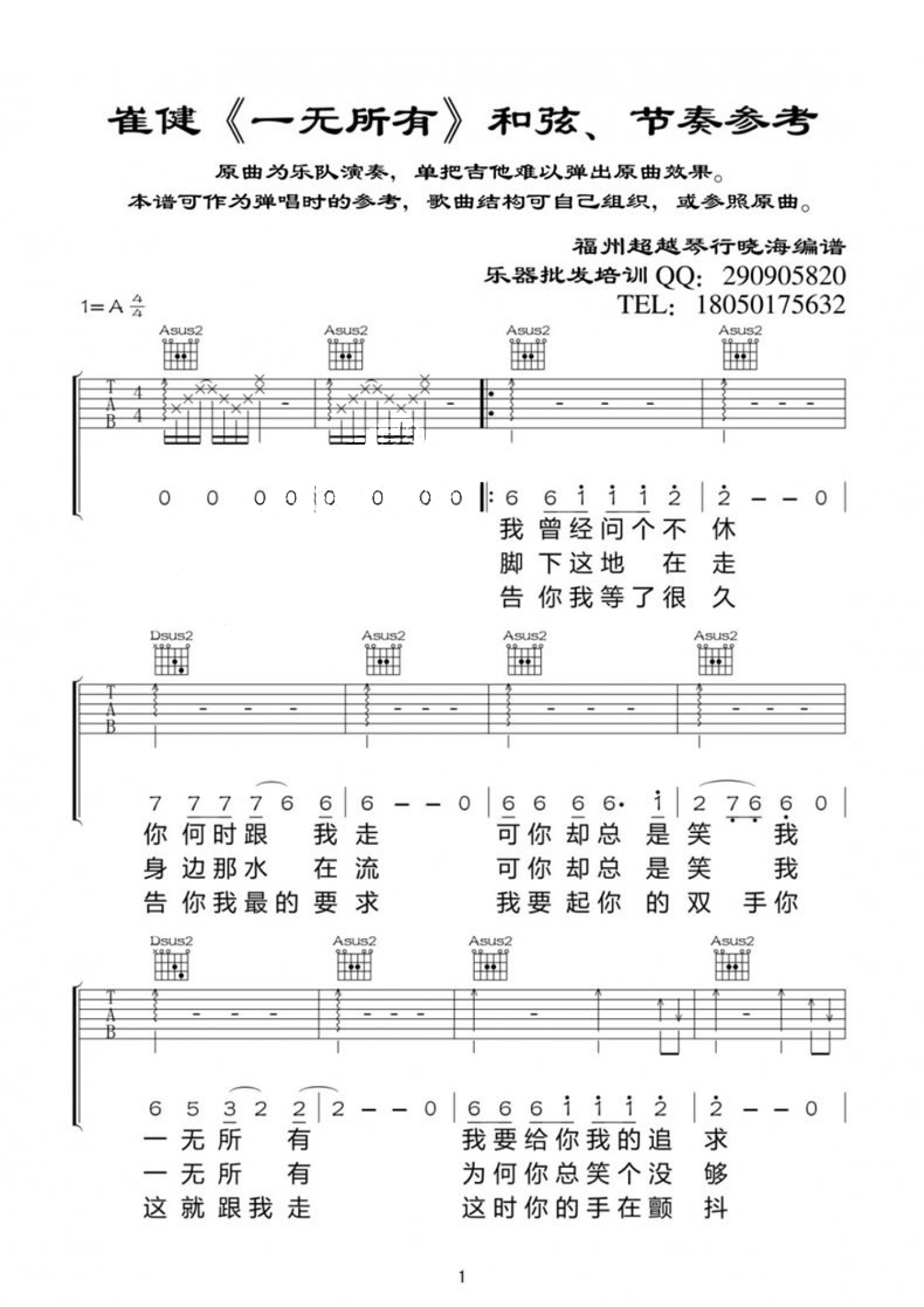 崔健《一无所有吉他谱》A调六线谱 崔健《一无所有吉他谱》A调六线谱