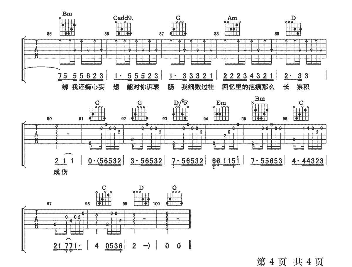 孙子涵《回忆那么伤吉他谱》G调超原版 孙子涵《回忆那么伤吉他谱》G调超原版