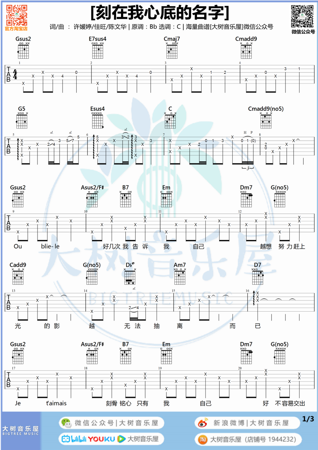 卢广仲《刻在我心底的名字吉他谱》C调原版 卢广仲《刻在我心底的名字吉他谱》C调原版