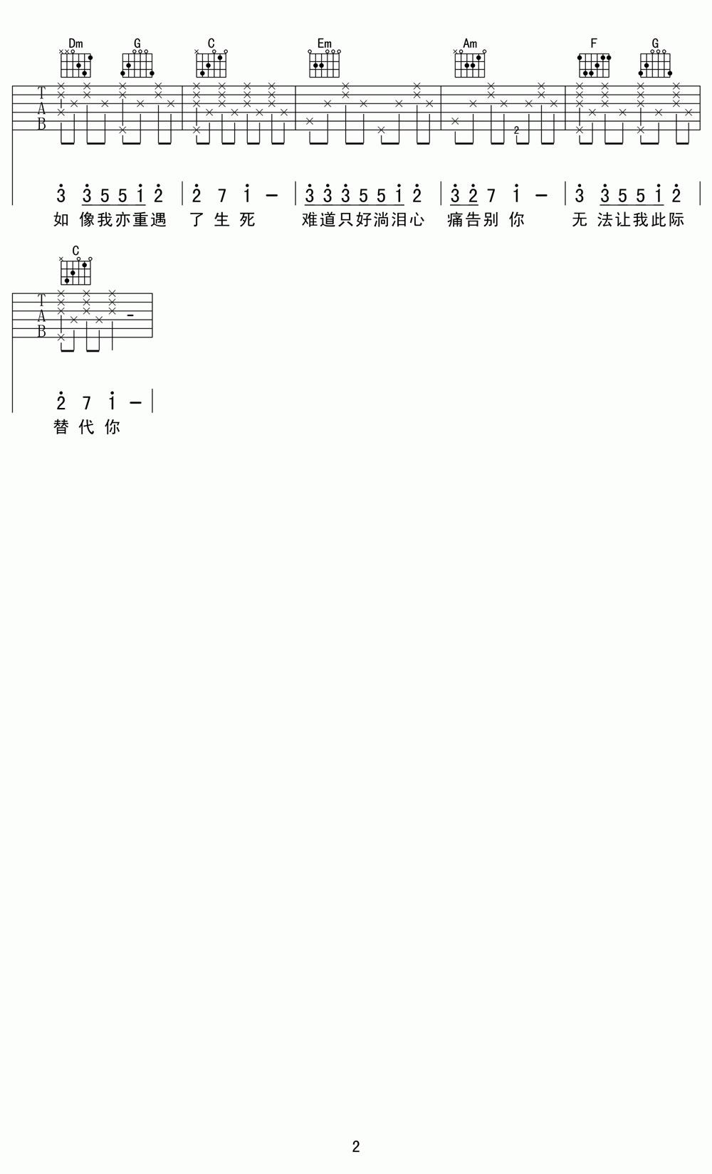 郑伊健《甘心替代你吉他谱》C调原版图谱 郑伊健《甘心替代你吉他谱》C调原版图谱
