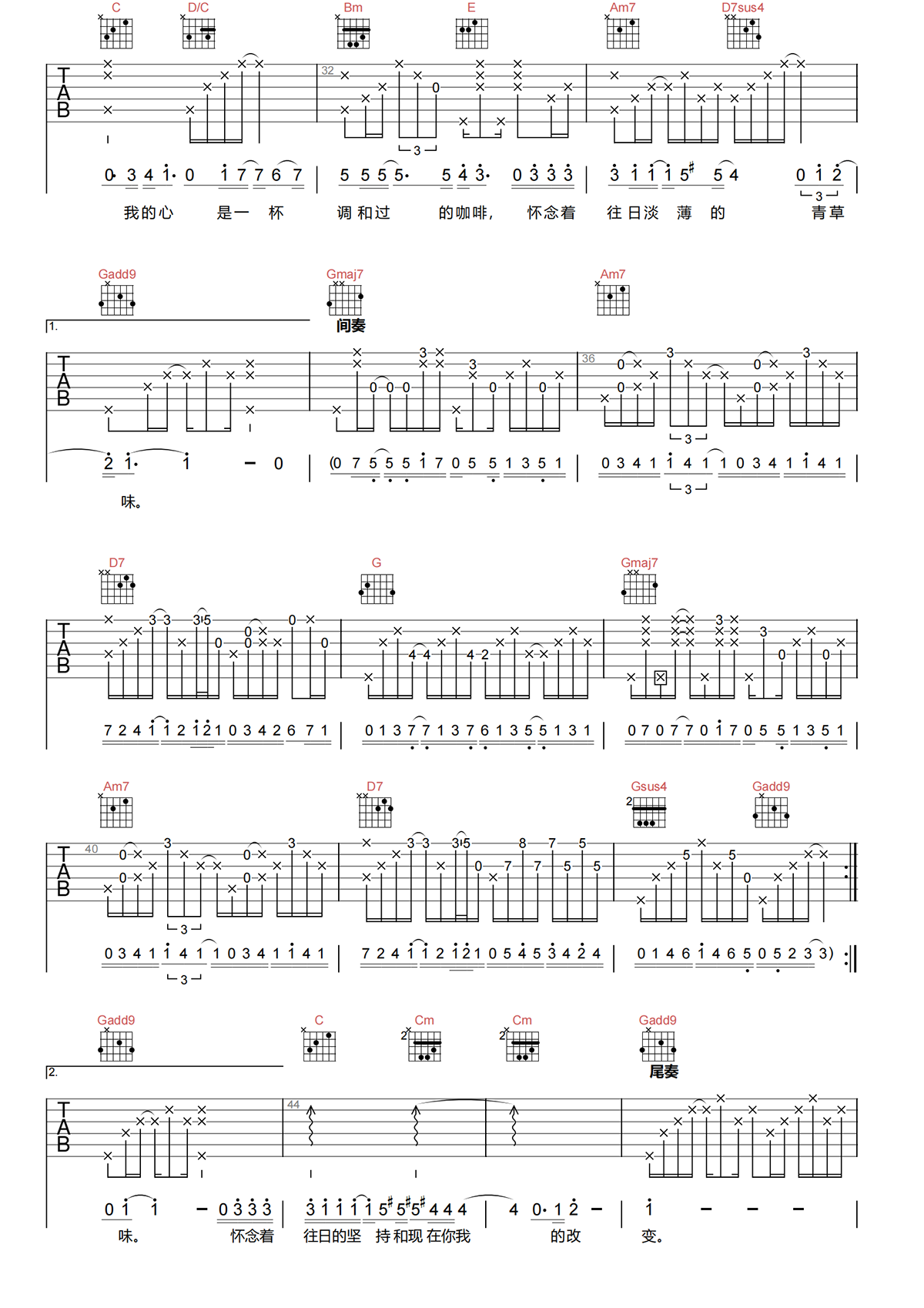 陈绮贞《九份的咖啡店吉他谱》G调原版六线谱 陈绮贞《九份的咖啡店吉他谱》G调原版六线谱