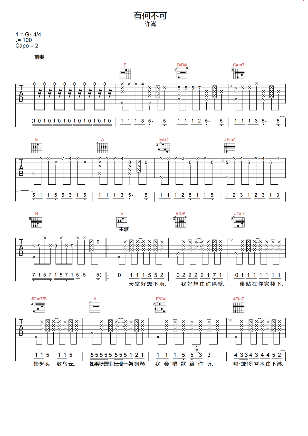 有何不可吉他谱_许嵩_C调吉他弹唱六线谱-吉他派