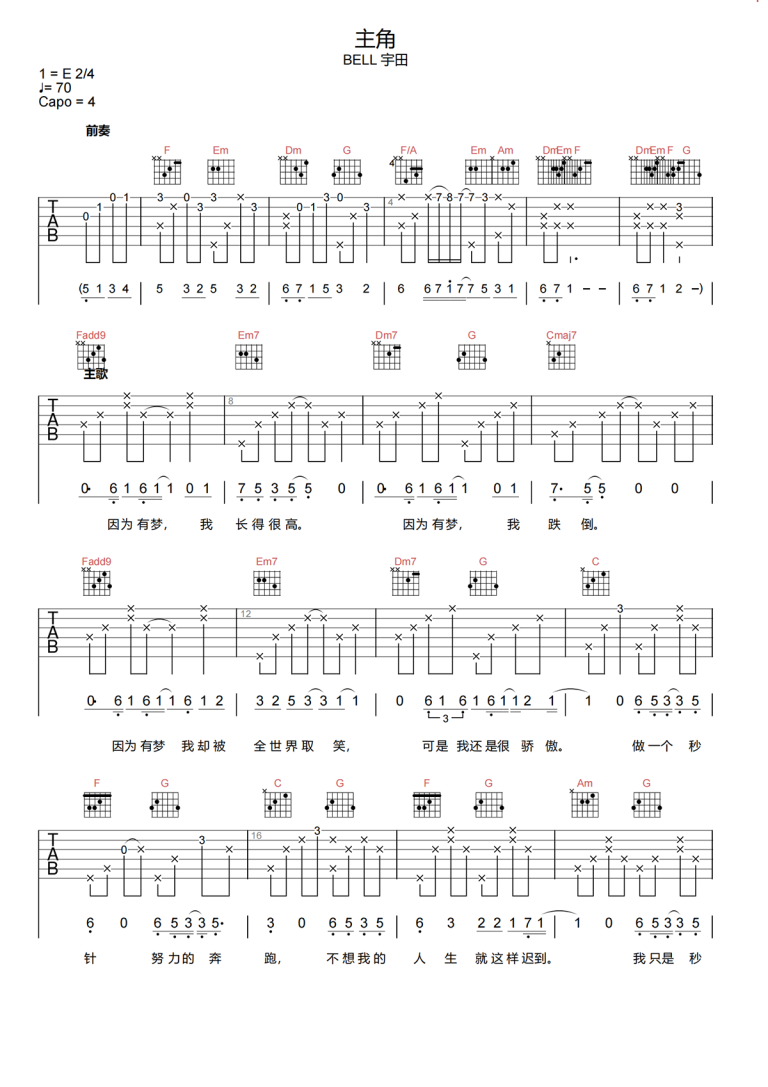 主角吉他谱-BELL宇田《主角》C调图片谱-原版弹唱谱-曲谱热