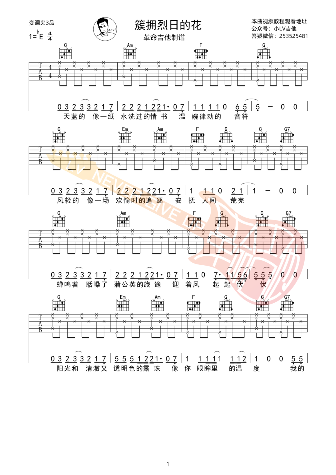 Morerare/迟里乌布《簇拥烈日的花吉他谱》C调