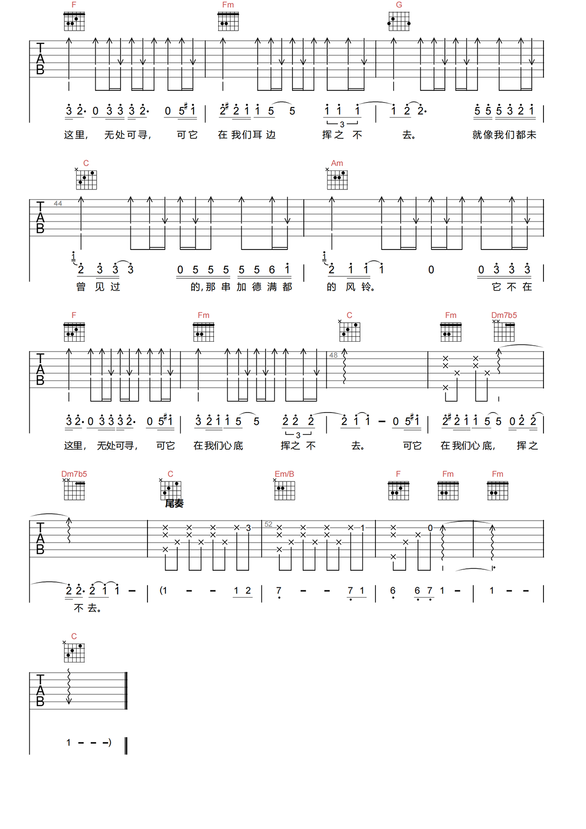 汪峰《加德满都的风铃吉他谱》C调原版六线谱 汪峰《加德满都的风铃吉他谱》C调原版六线谱