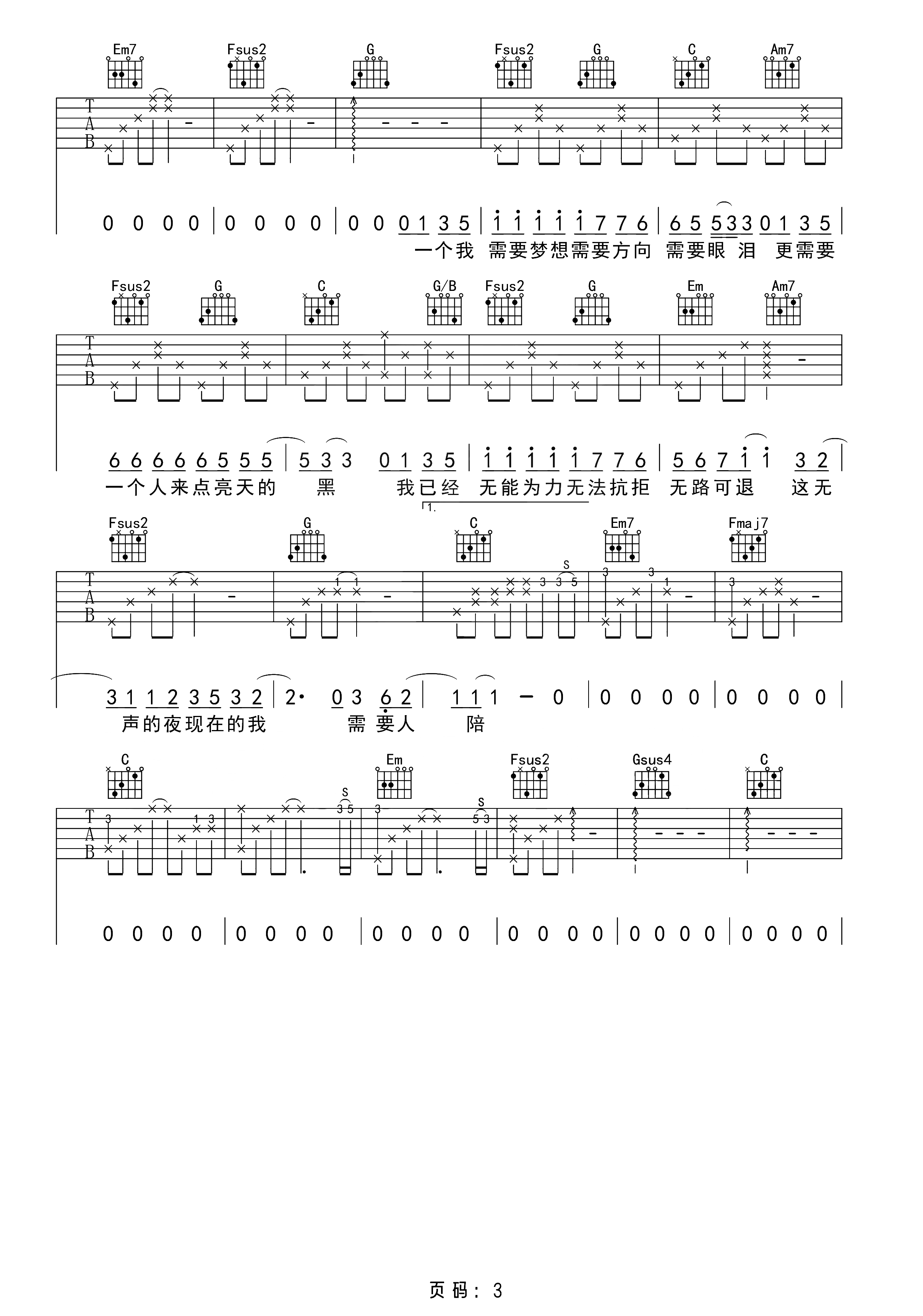 需要人陪吉他谱-C调指法-王力宏-原版弹唱六线谱