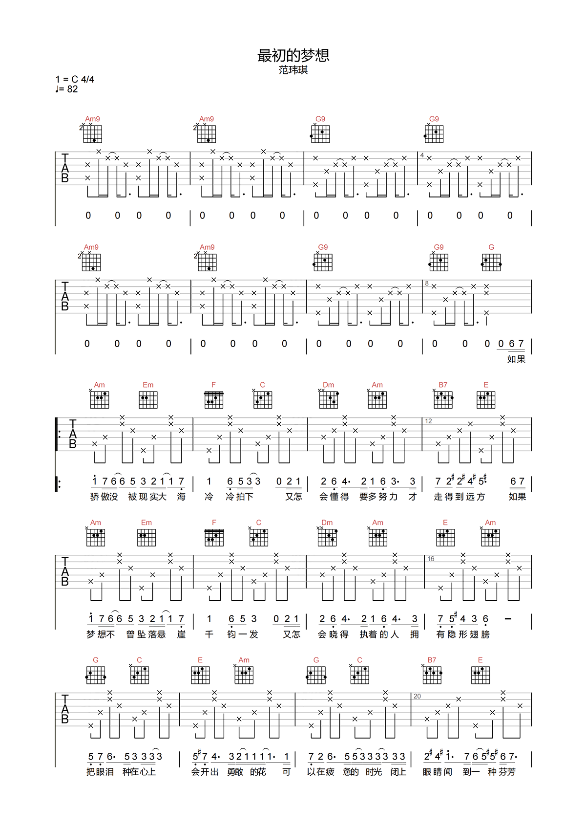 范玮琪《最初的梦想吉他谱》C调原版弹唱谱