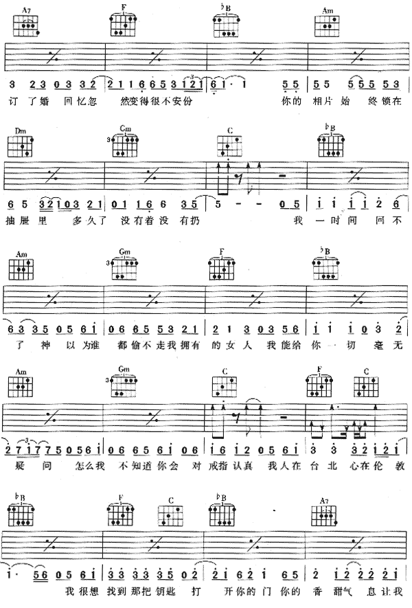 找钥匙吉他谱F调-张信哲《找钥匙》完整原版六线谱 找钥匙吉他谱F调-张信哲《找钥匙》完整原版六线谱
