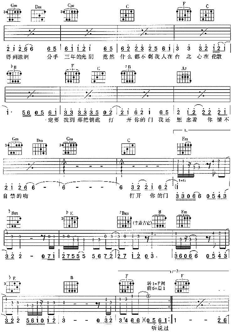找钥匙吉他谱F调-张信哲《找钥匙》完整原版六线谱 找钥匙吉他谱F调-张信哲《找钥匙》完整原版六线谱