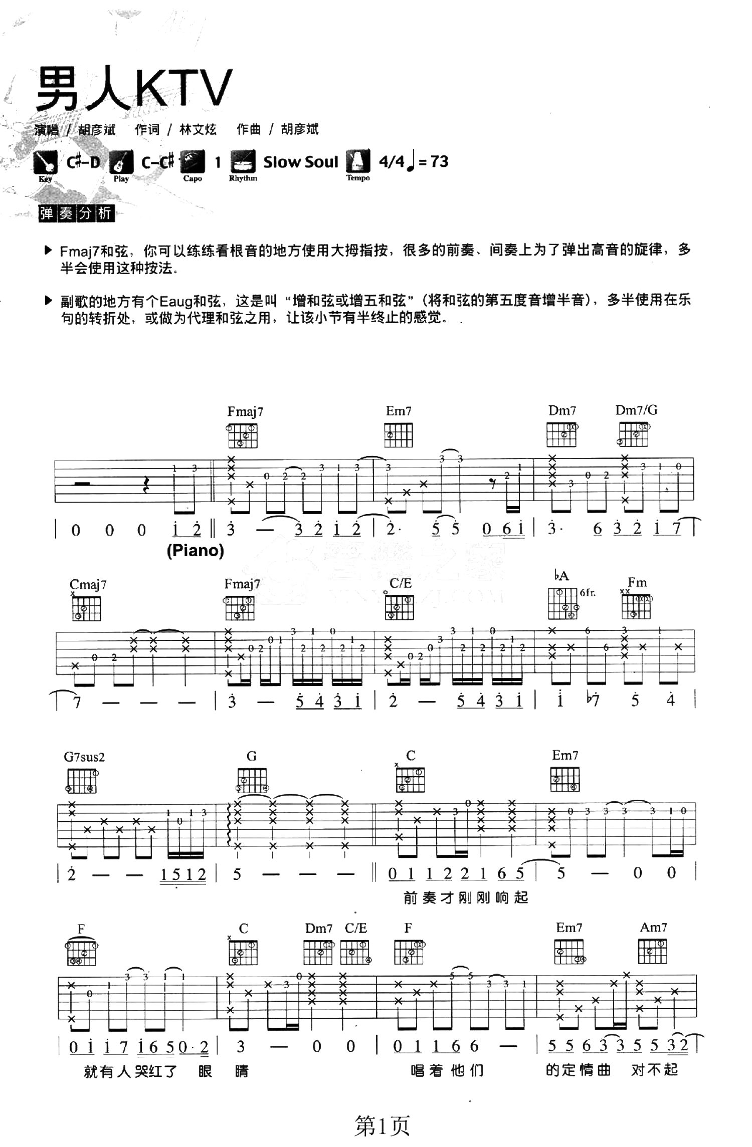 胡彦斌《男人KTV吉他谱》C调原版 胡彦斌《男人KTV吉他谱》C调原版