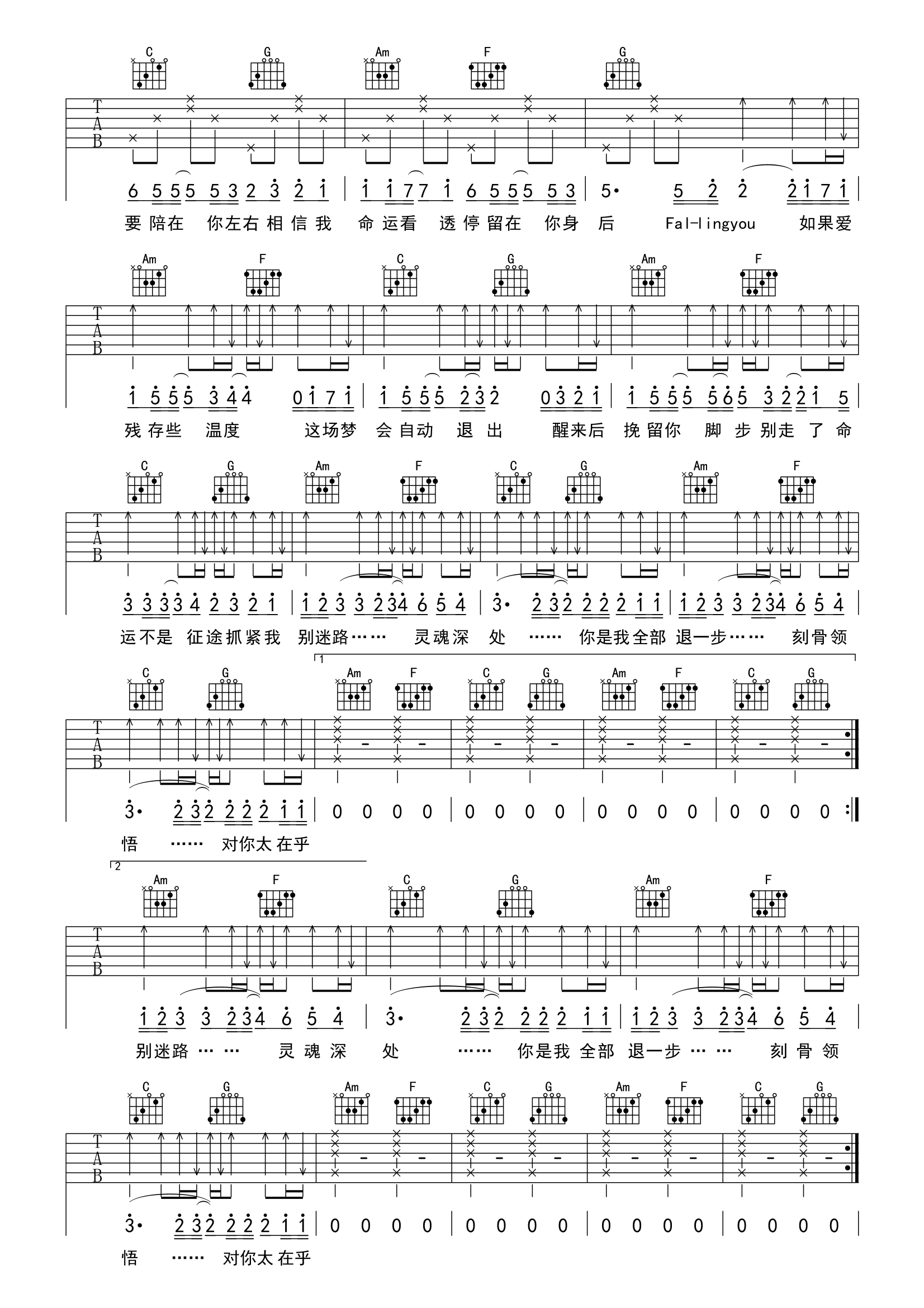 Falling you吉他谱-曾可妮/都智文-C调原版弹唱六线谱 Falling you吉他谱-曾可妮/都智文-C调原版弹唱六线谱