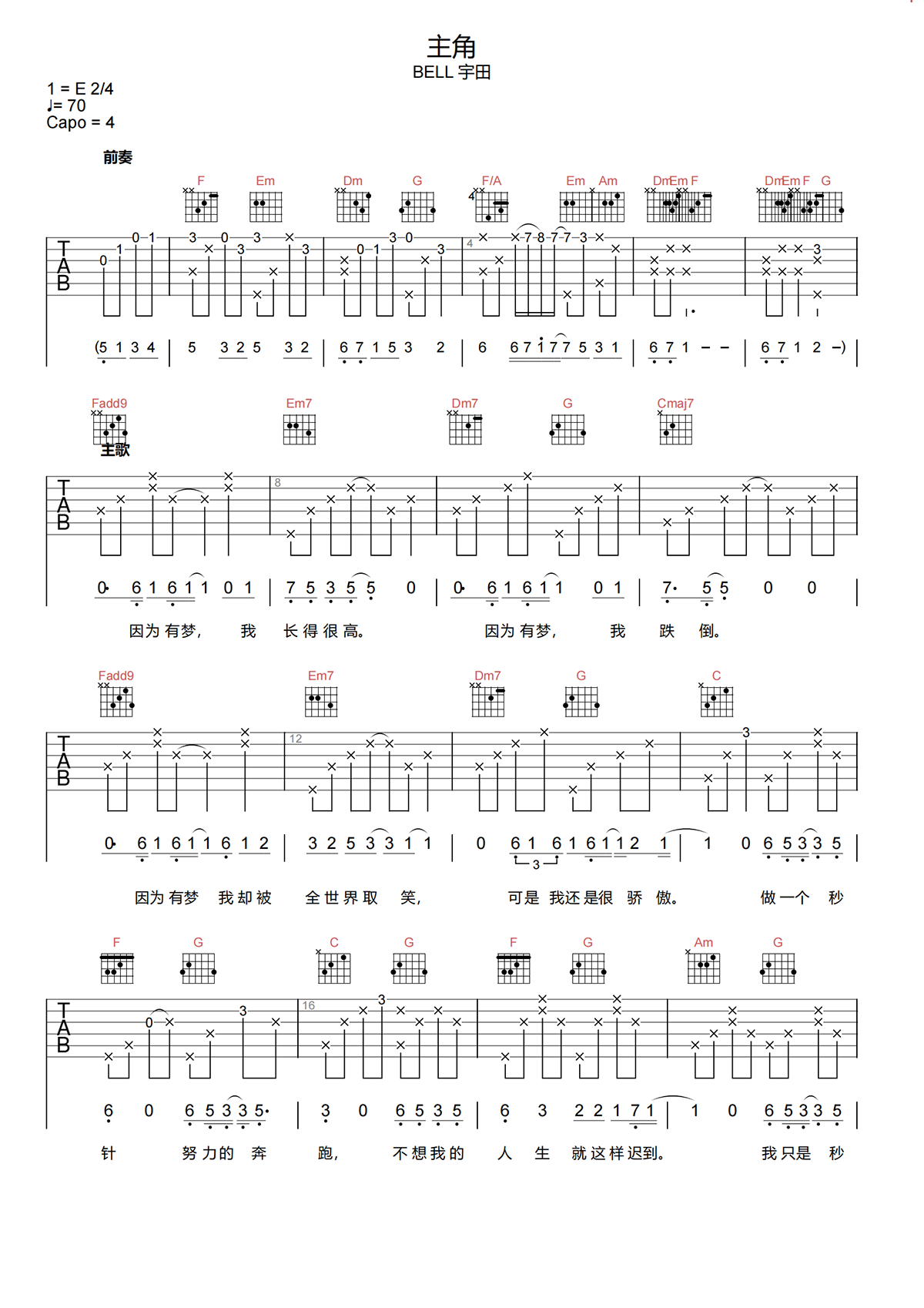 主角吉他谱-BELL宇田《主角》C调图片谱-原版弹唱谱 主角吉他谱-BELL宇田《主角》C调图片谱-原版弹唱谱