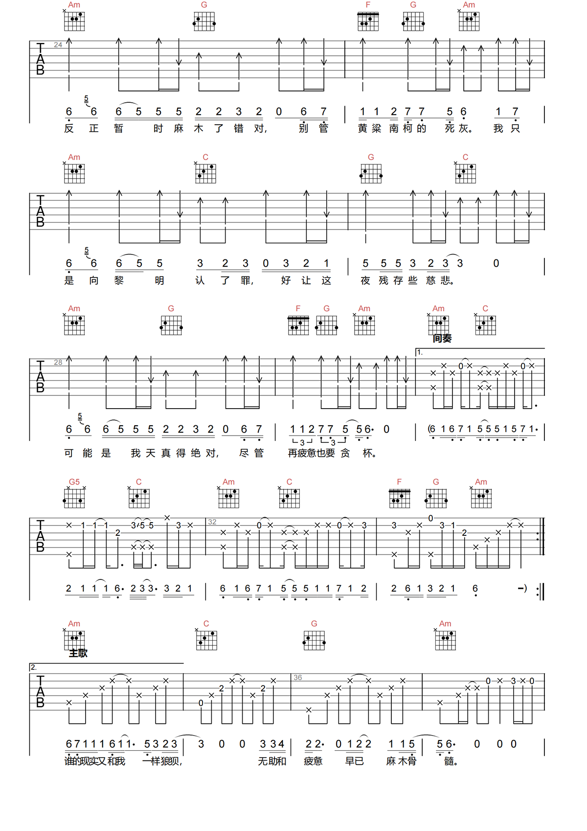 贪杯吉他谱C调-江北《贪杯》完整原版六线谱