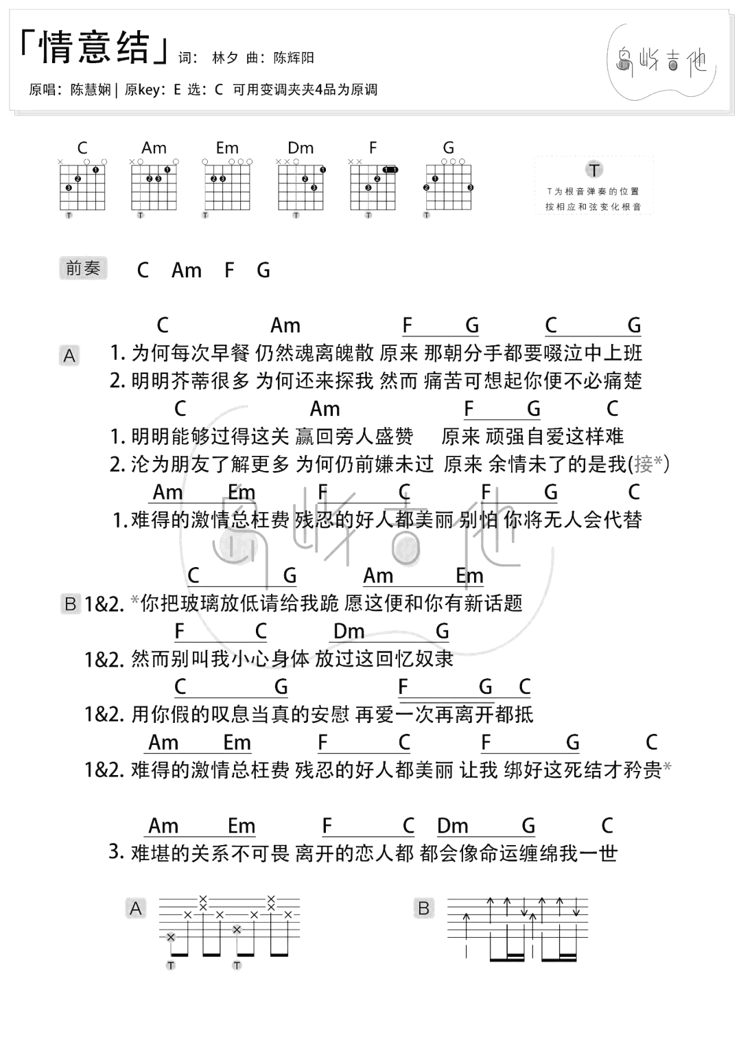 情意结吉他谱C调-陈慧娴《情意结》完整原版六线谱 情意结吉他谱C调-陈慧娴《情意结》完整原版六线谱