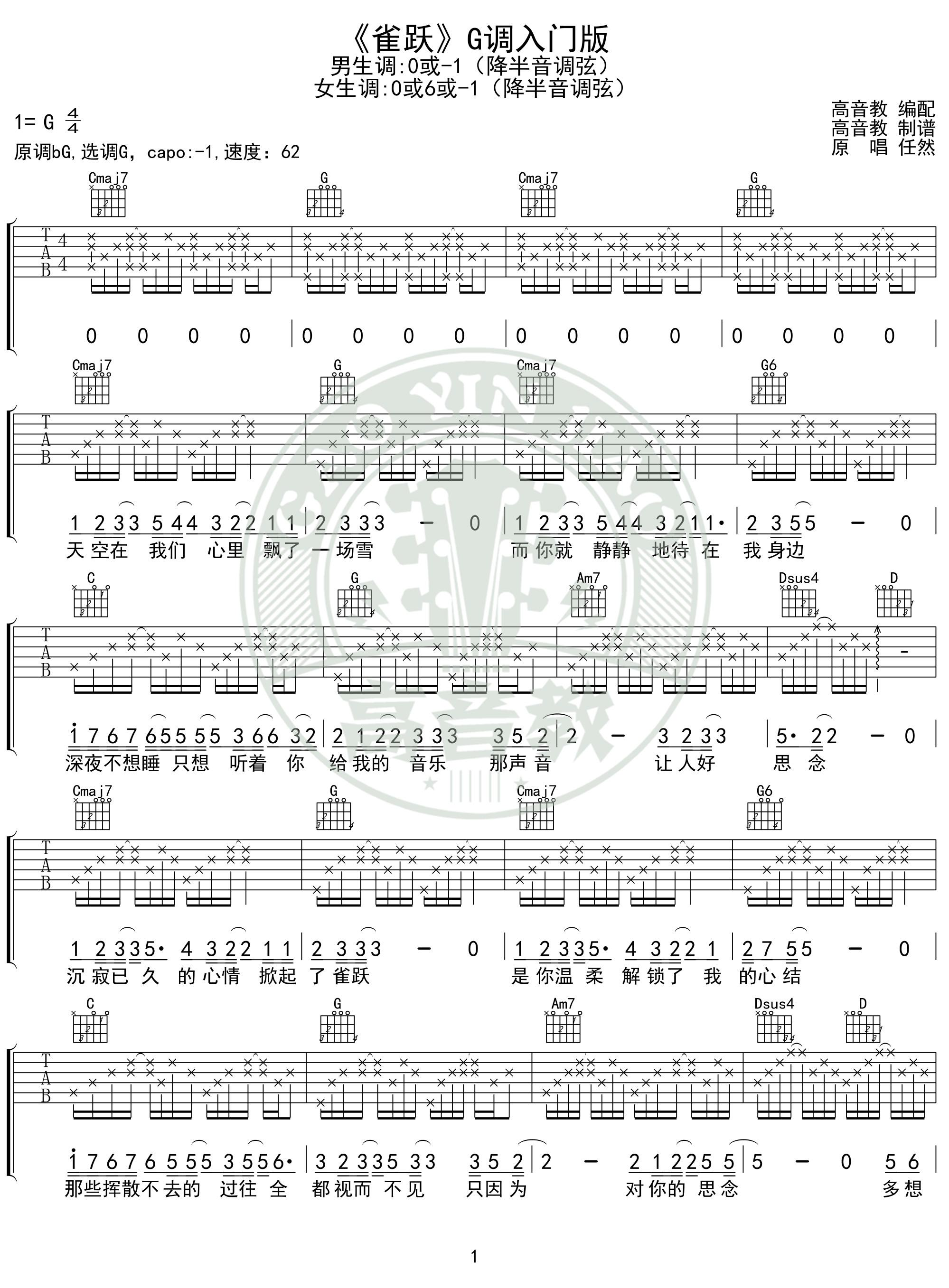 雀跃吉他谱G调-任然《雀跃》完整原版六线谱 雀跃吉他谱G调-任然《雀跃》完整原版六线谱