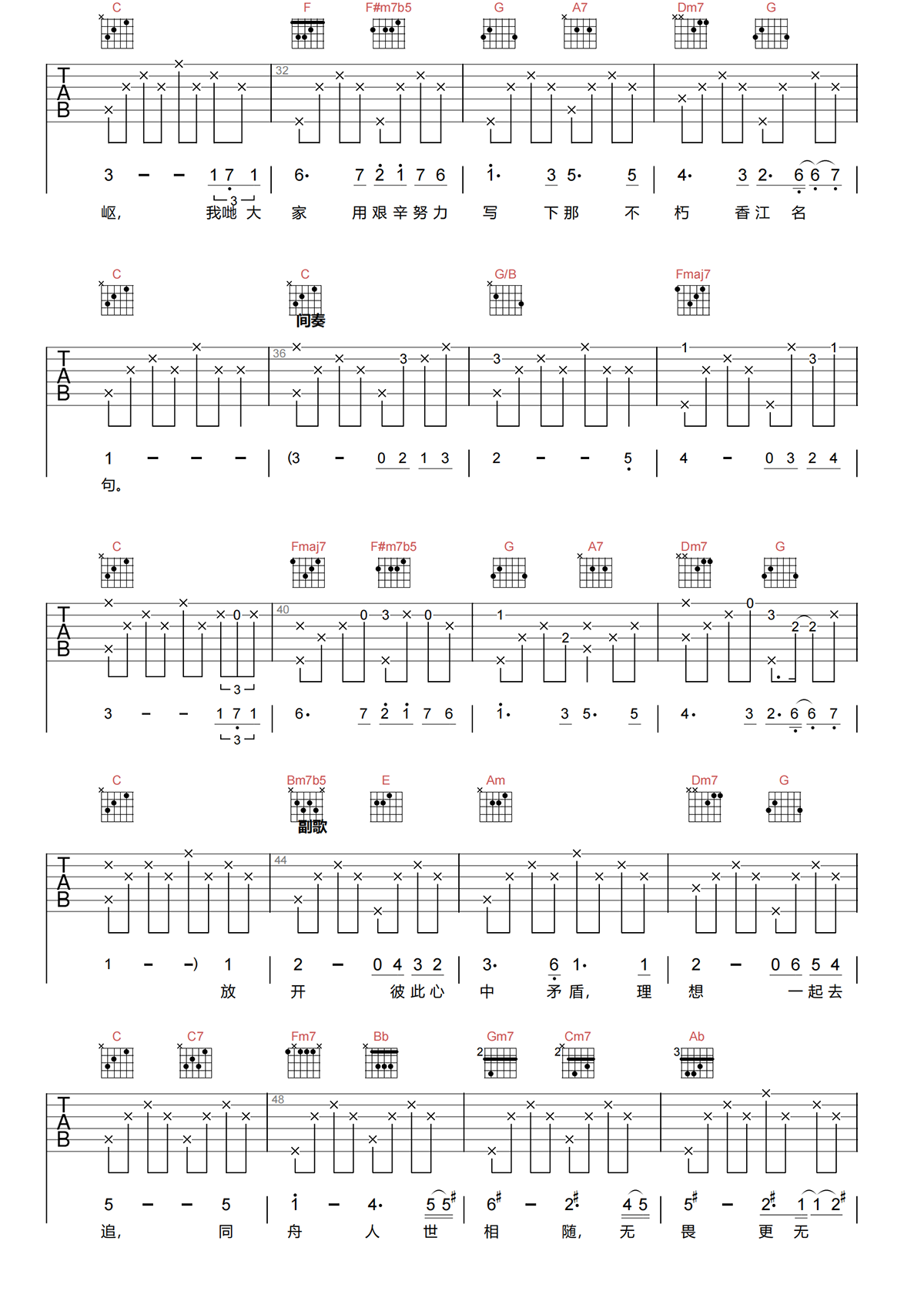 罗文《狮子山下吉他谱》C调原版弹唱谱
