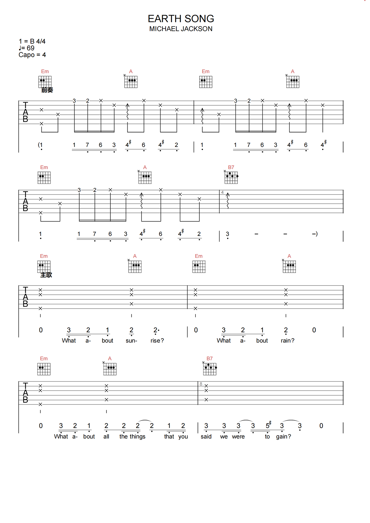 Earth Song吉他谱-Michael Jackson-G调吉他弹唱谱 Earth Song吉他谱-Michael Jackson-G调吉他弹唱谱