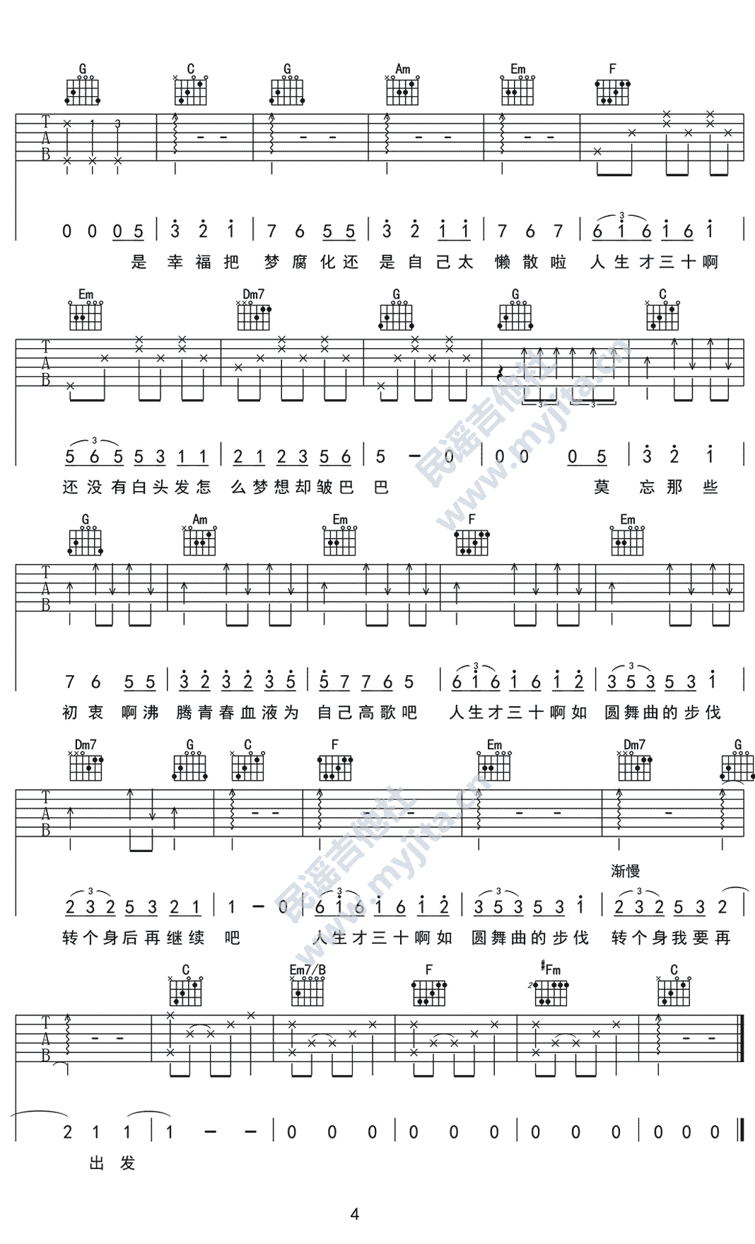 30啊吉他谱C调-陈嘉桦《30啊》完整原版六线谱 30啊吉他谱C调-陈嘉桦《30啊》完整原版六线谱
