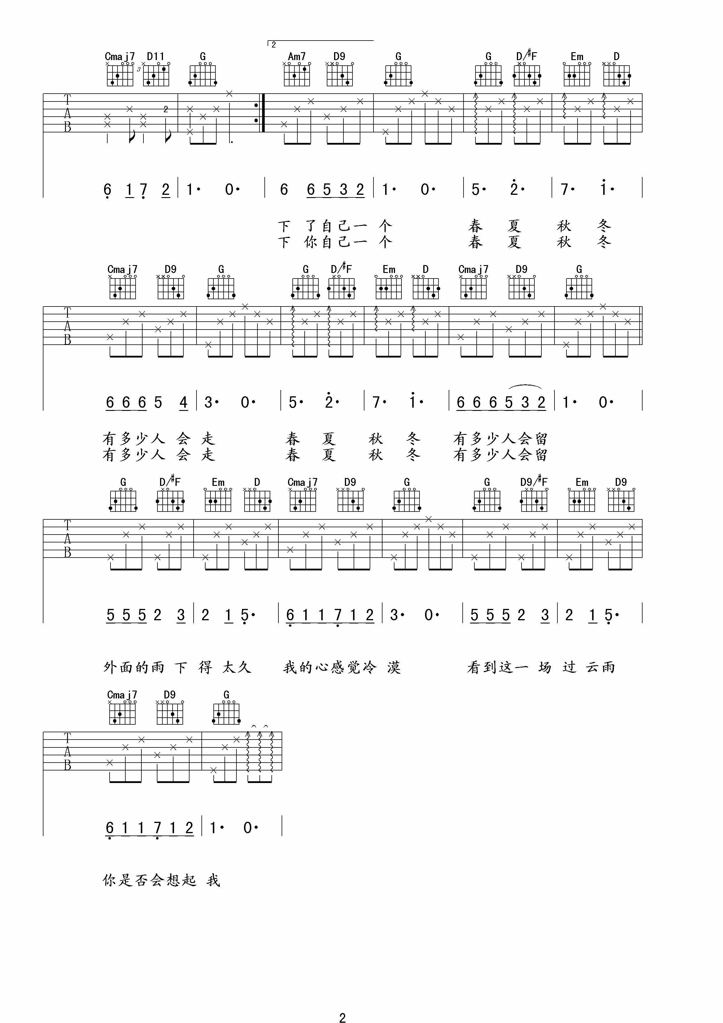 过云雨吉他谱G调-张敬轩《过云雨》完整原版六线谱 过云雨吉他谱G调-张敬轩《过云雨》完整原版六线谱