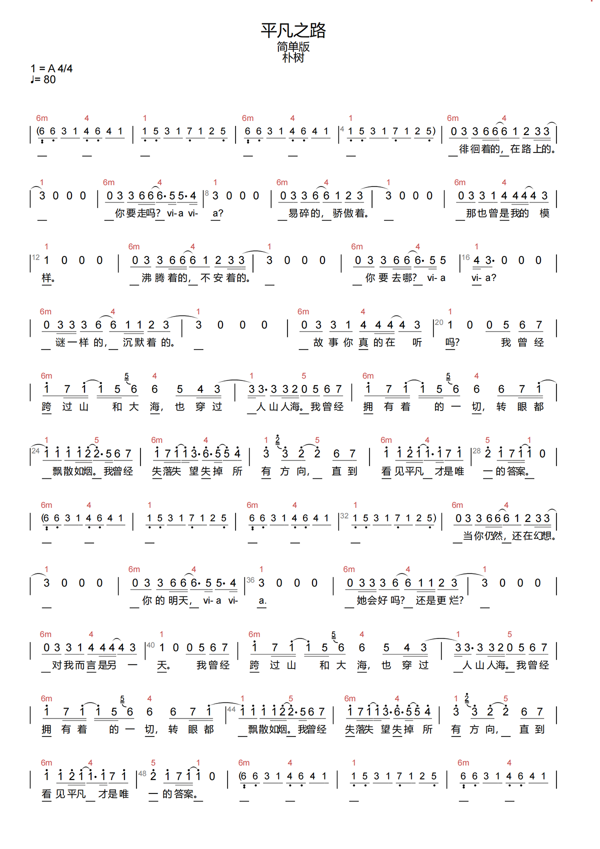 平凡之路简谱(歌词)-朴树-A调歌曲简谱 平凡之路简谱(歌词)-朴树-A调歌曲简谱