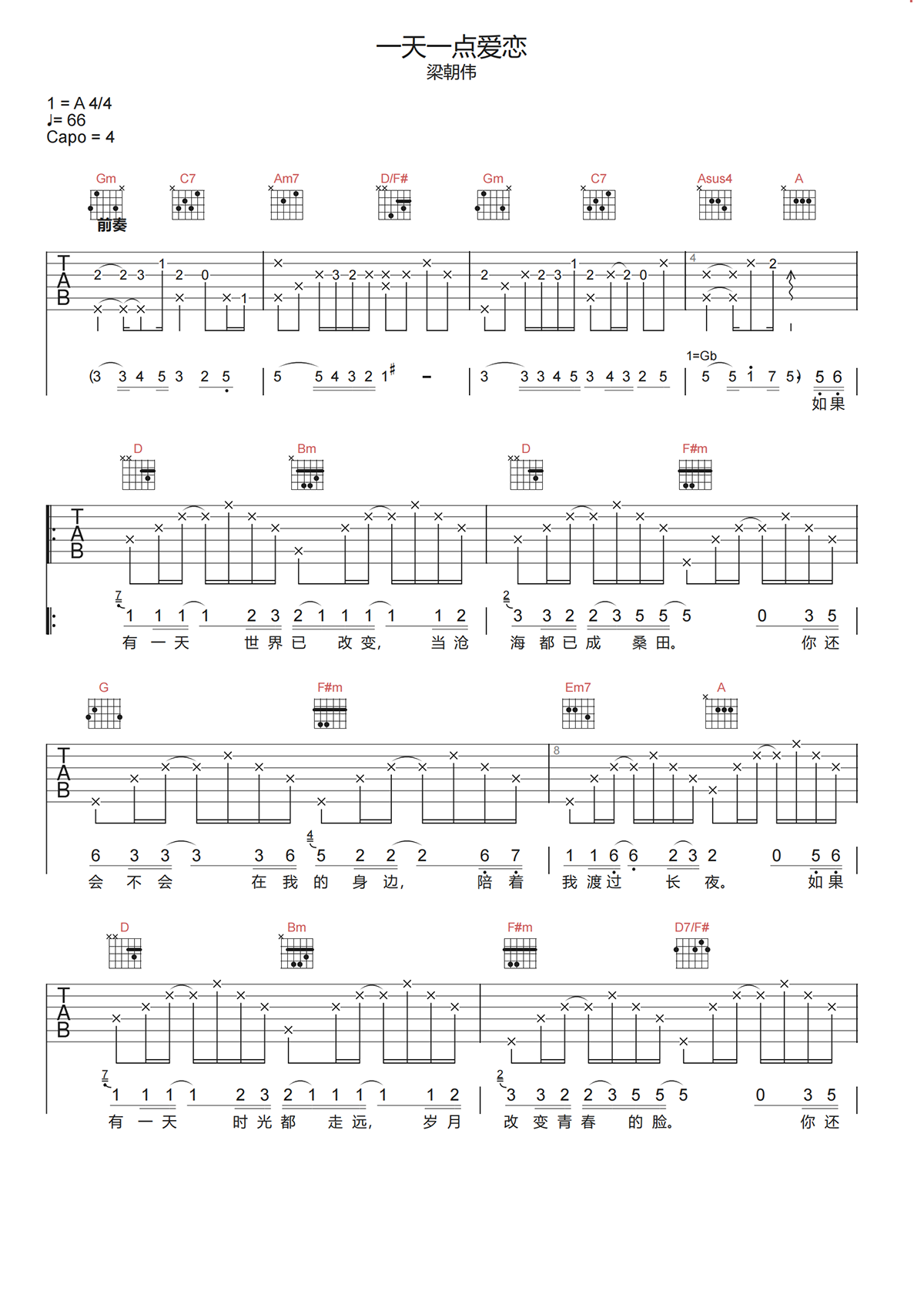 梁朝伟《一天一点爱恋吉他谱》D调原版弹唱谱