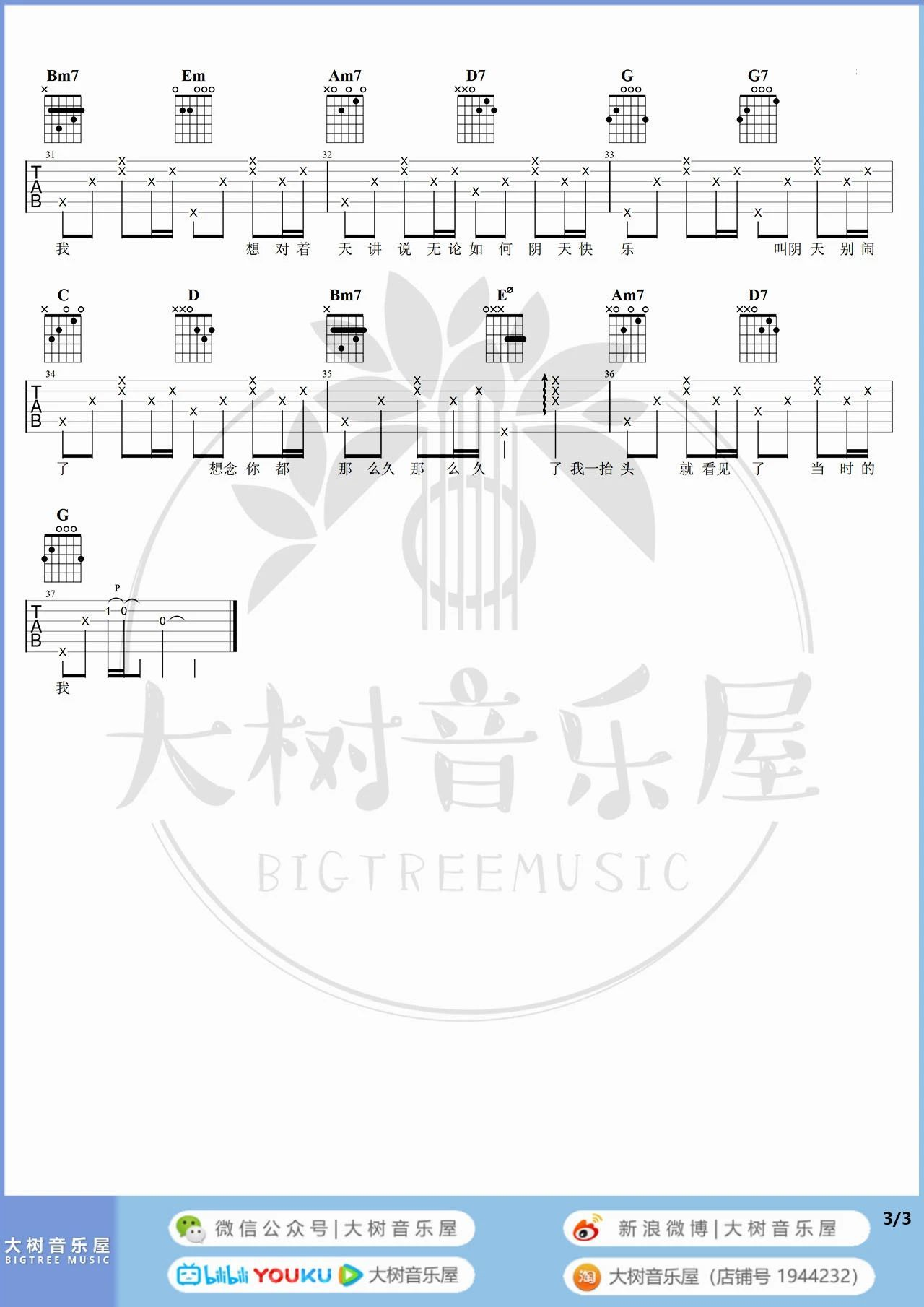 阴天快乐吉他谱G调-陈奕迅-原版六线谱-含教学示范